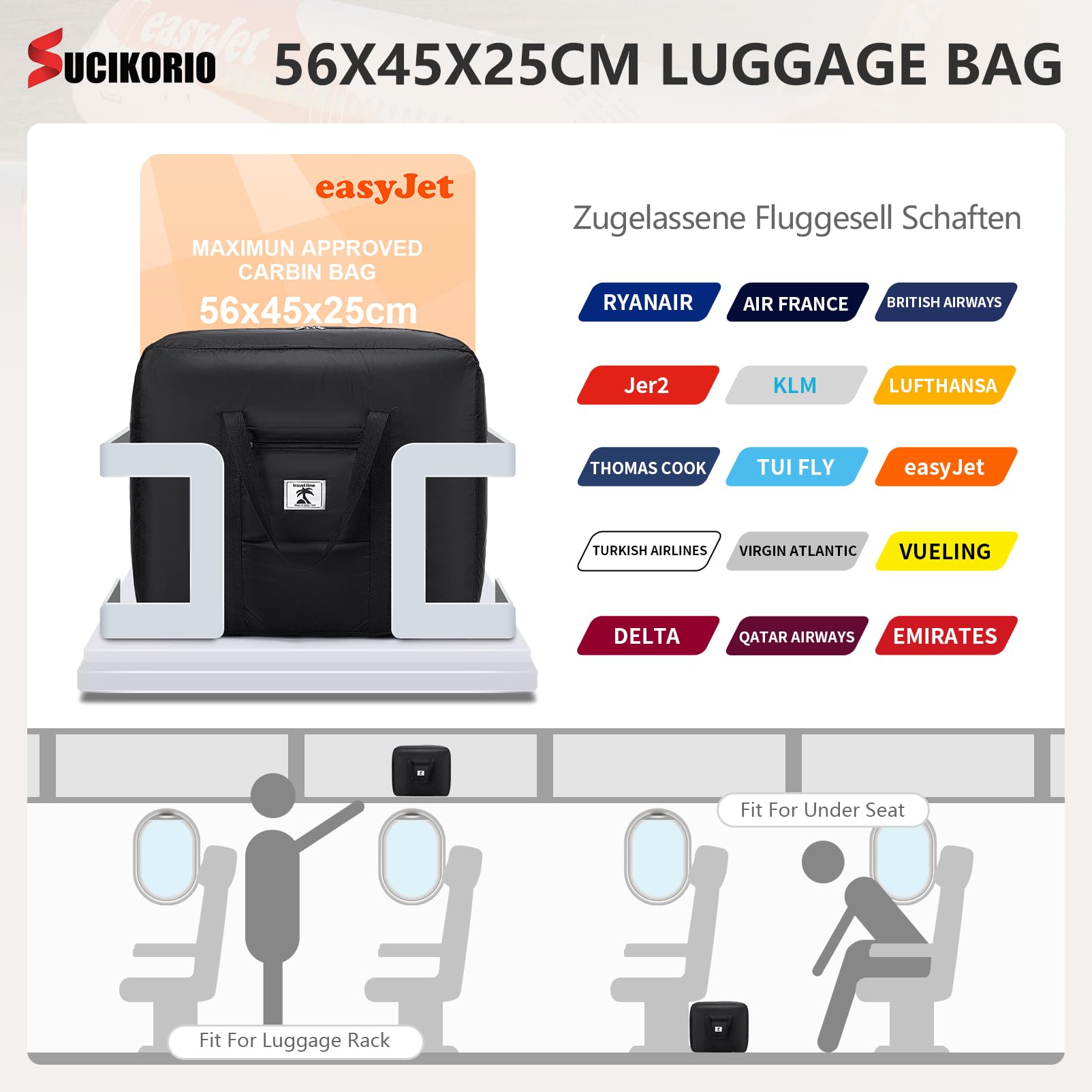 56x45x25cm New easyJet Jet 2 Sac de Voyage Cabine Avion sous Le Siege, étanche Oxford Bagage Cabine a Main 63L Grande Taille Imperméable Valise de Cabine Sacs Weekend pour Homme et Femme