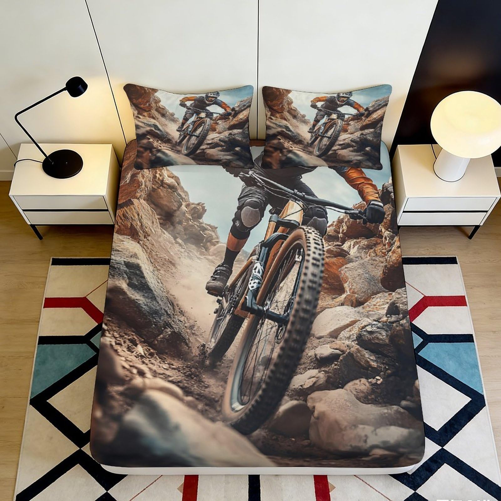 3D Printed Mountain Bike Adventure Fitted Sheet Microfiber Soft Non-slip Bed Cover for Bedroom Dorm Decor 90x200x25cm