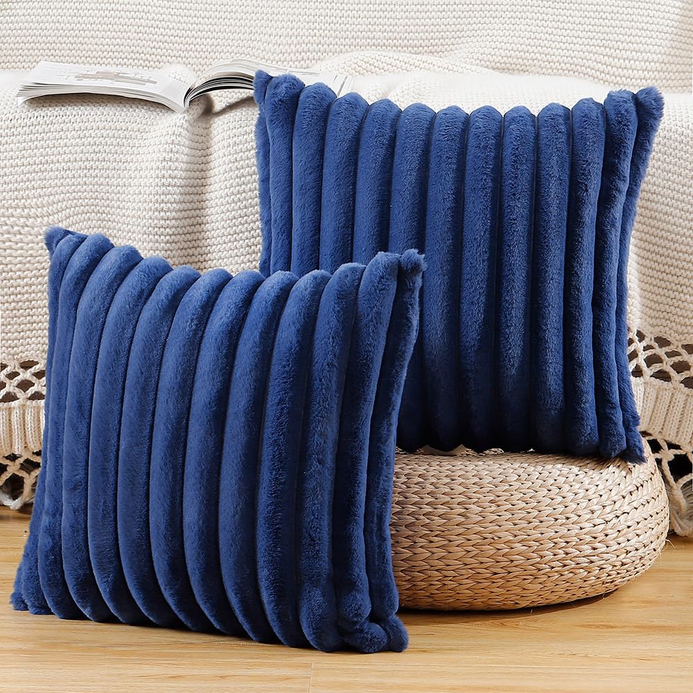 Madizz 2er Set Kunstpelz Plüsch Dekorative Kissenbezüge Flauschig Gestreifte Weich Dekorative Kissenbezug für Sofa Schlafzimmer Kissen Shell Blau 40 x 40 cm