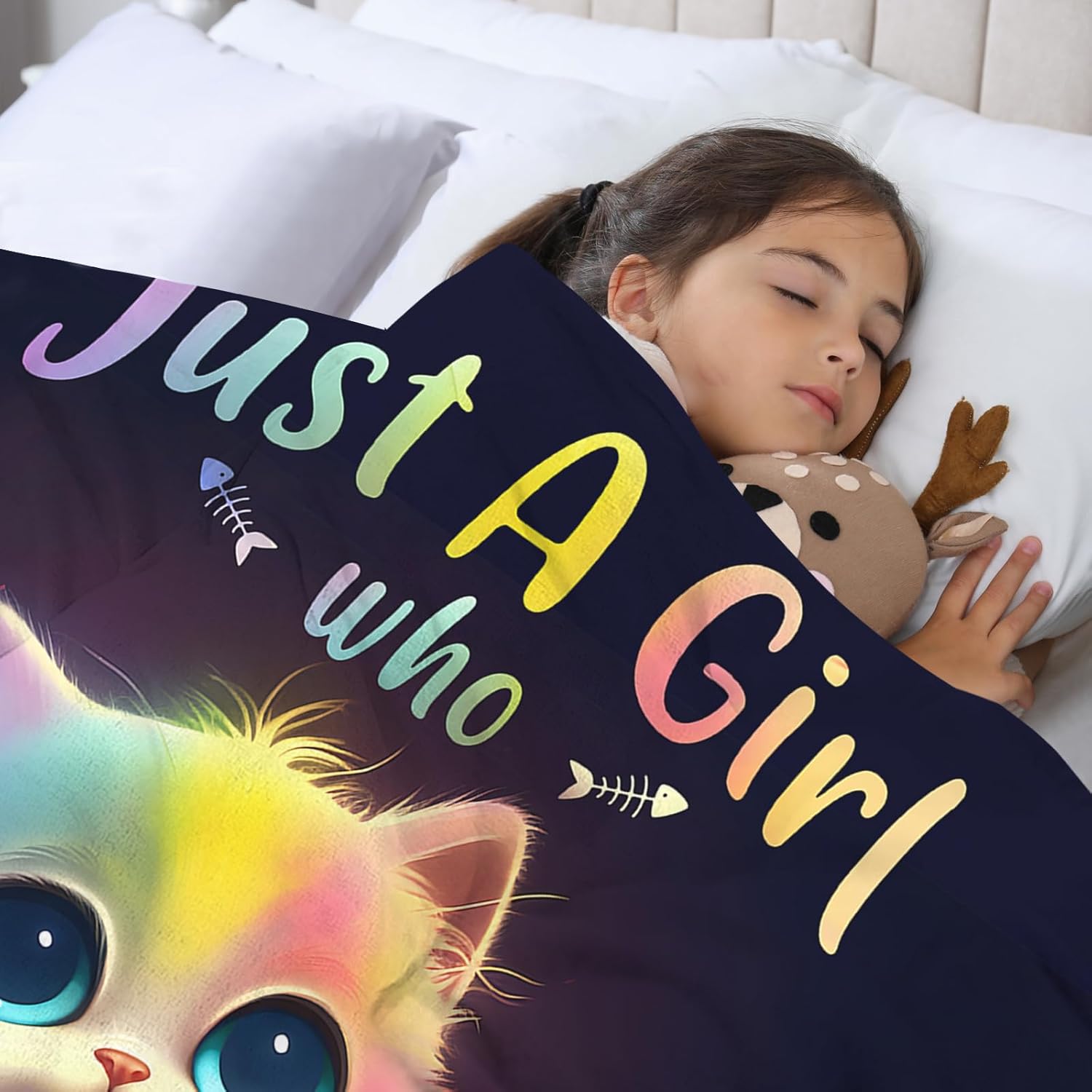Just A Girl Who Loves Cats Blanket, Cute Cat Rainbow Colorful Blanket, Cat Gifts for Girls, Kawaii Kitten Cat Plush Blanket, Cat Mom Gifts, Kids Cat Blanket for Christmas Birthday Girls Gifts,60"X50"
