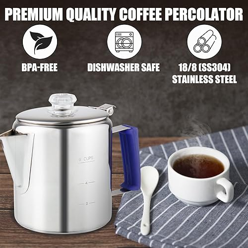 Miniatura 4 de Percolador de café multiusos con perilla de vidrio resistente al calor y mango de gel de sílice azul, cafetera de acero inoxidable para cocina de