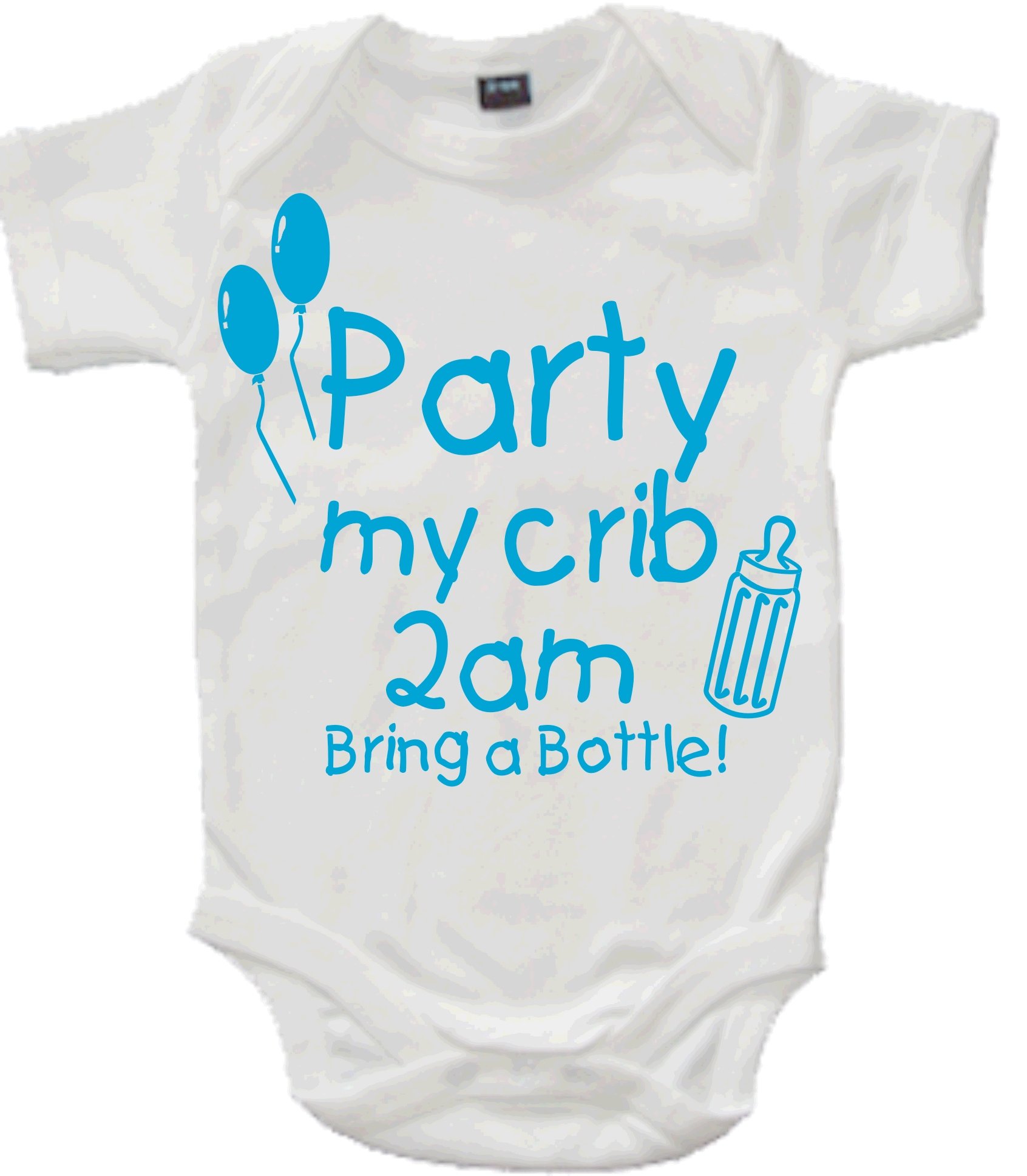 Edward Sinclair White Baby Bodysuit 3-6 Months with Sky Blue Print 'Party at My Crib 2AM Bring A Bottle'