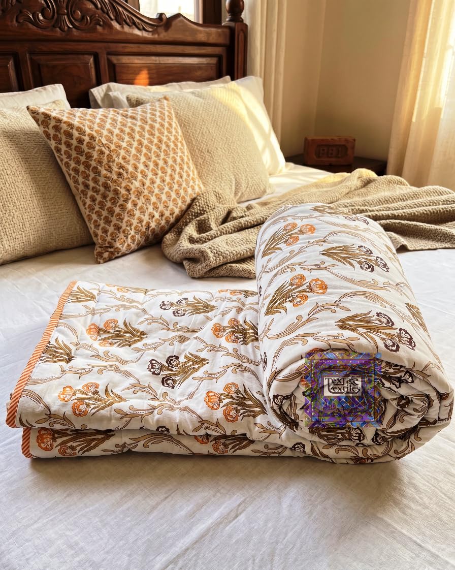TEXTARA Textiles Jaipuri Rajasthani Traditional Printed Soft Cotton AC Quilt Double Bed Jaipuri Razai Floral Print - Orange, (85X100 Inches)-image-24