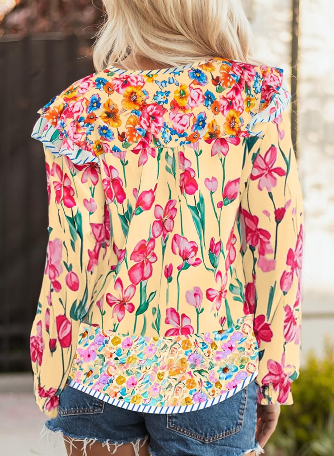 SHEWIN Women's Blouses Split V Neck Mixed Floral Print Long Sleeve Chiffon Fall Tops Striped Trim Shirts - Image 3