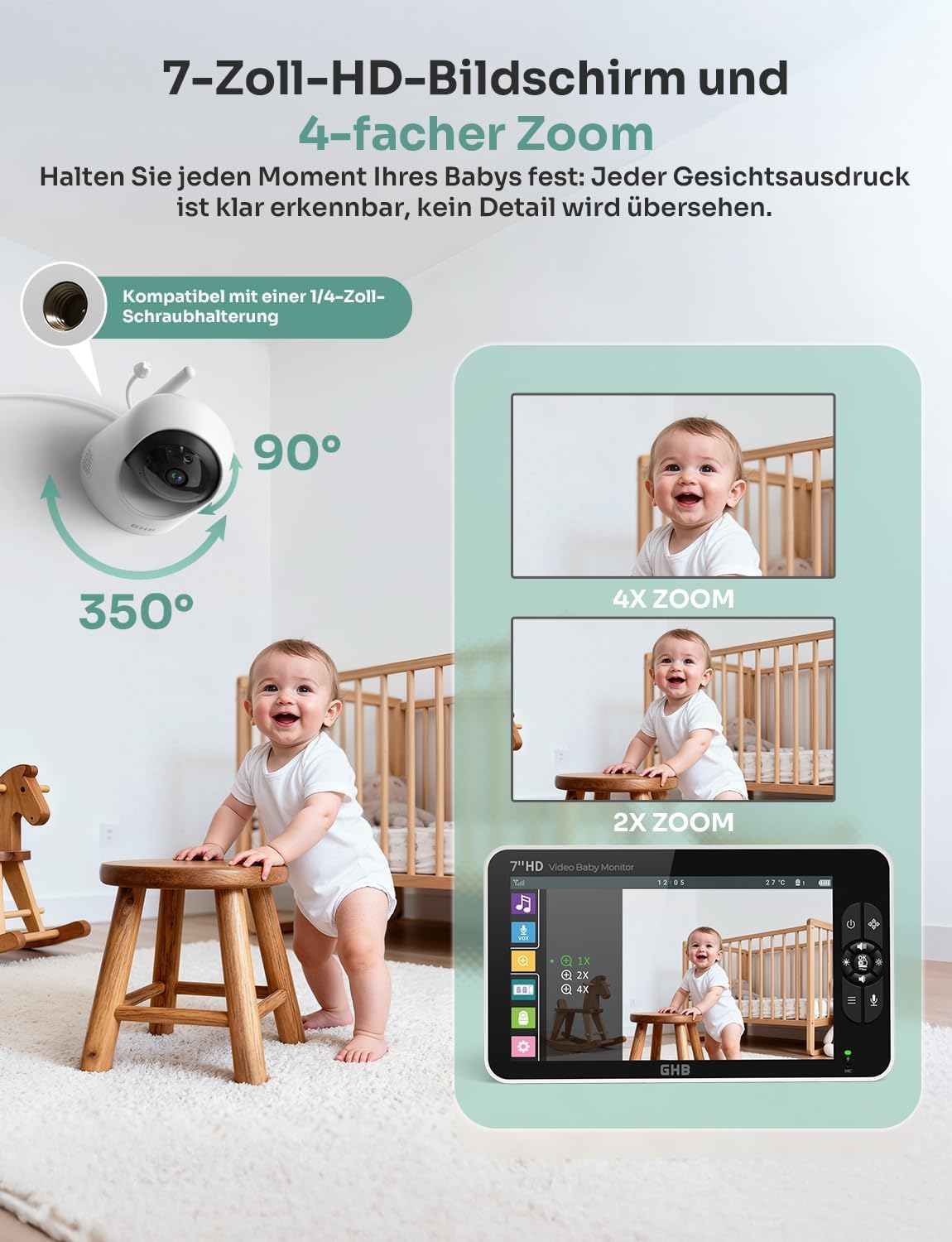 GHB Babyphone mit Kamera 7 Zoll 1080P IPS Display 168 Stunden Akkulaufzeit im VOX Modus 4X Zoom Max. 4 Kameras unterstützt Gegensprechen