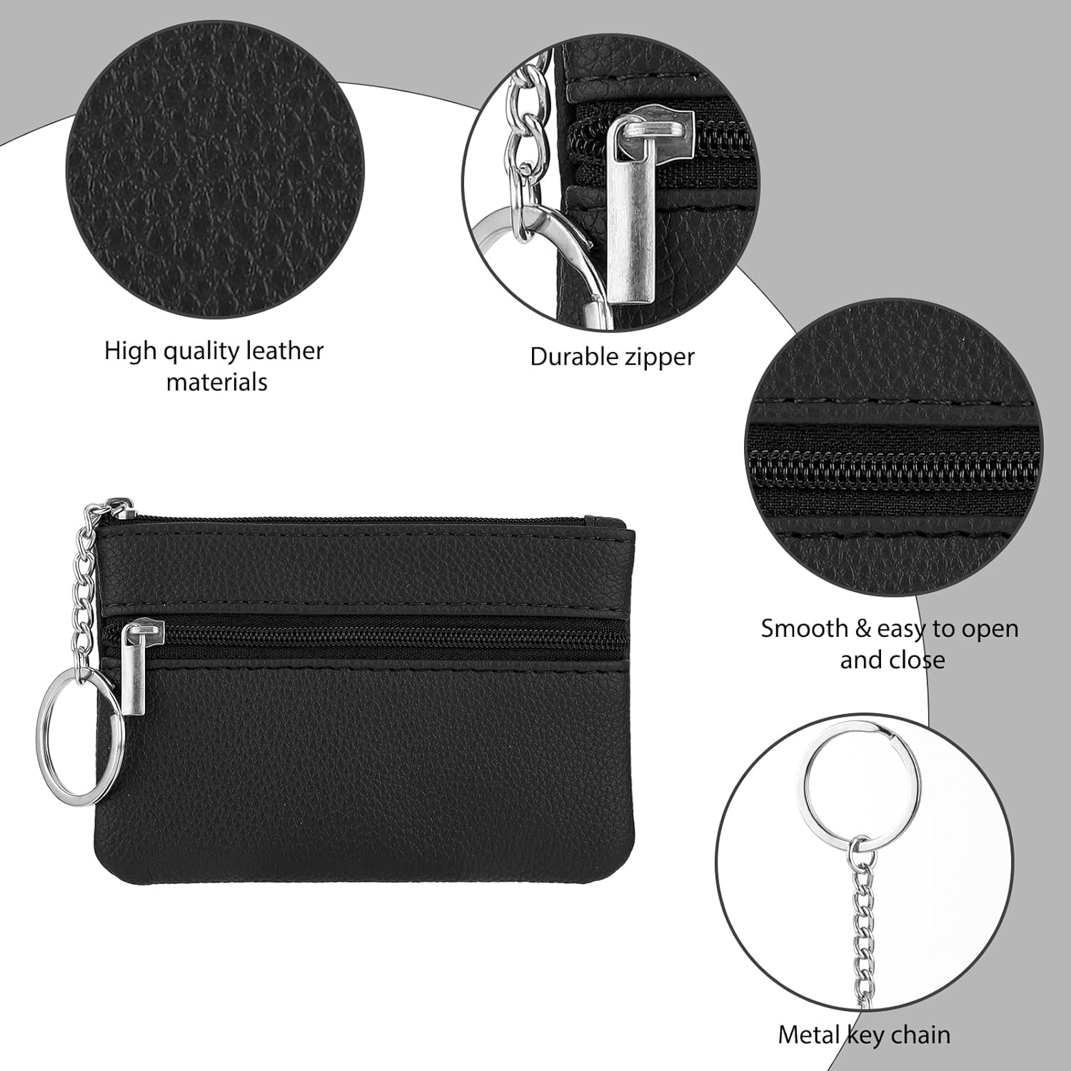 Genuine Leather Wallet Mini Coin Purse with Double Zipper Key Ring for Men and Women Portable Change Pocket and Card Holder (Black)