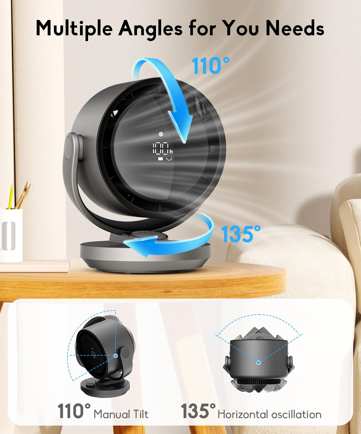 let'me Desk Fan, 100-Speed Table Fan with Digital Display, USB Rechargeable Portable Fan with Warm Night Light, 135°Auto Oscillating Fan and 12H Timer, Small Quiet Desk Fan for Bedroom, Home, Office — view 5
