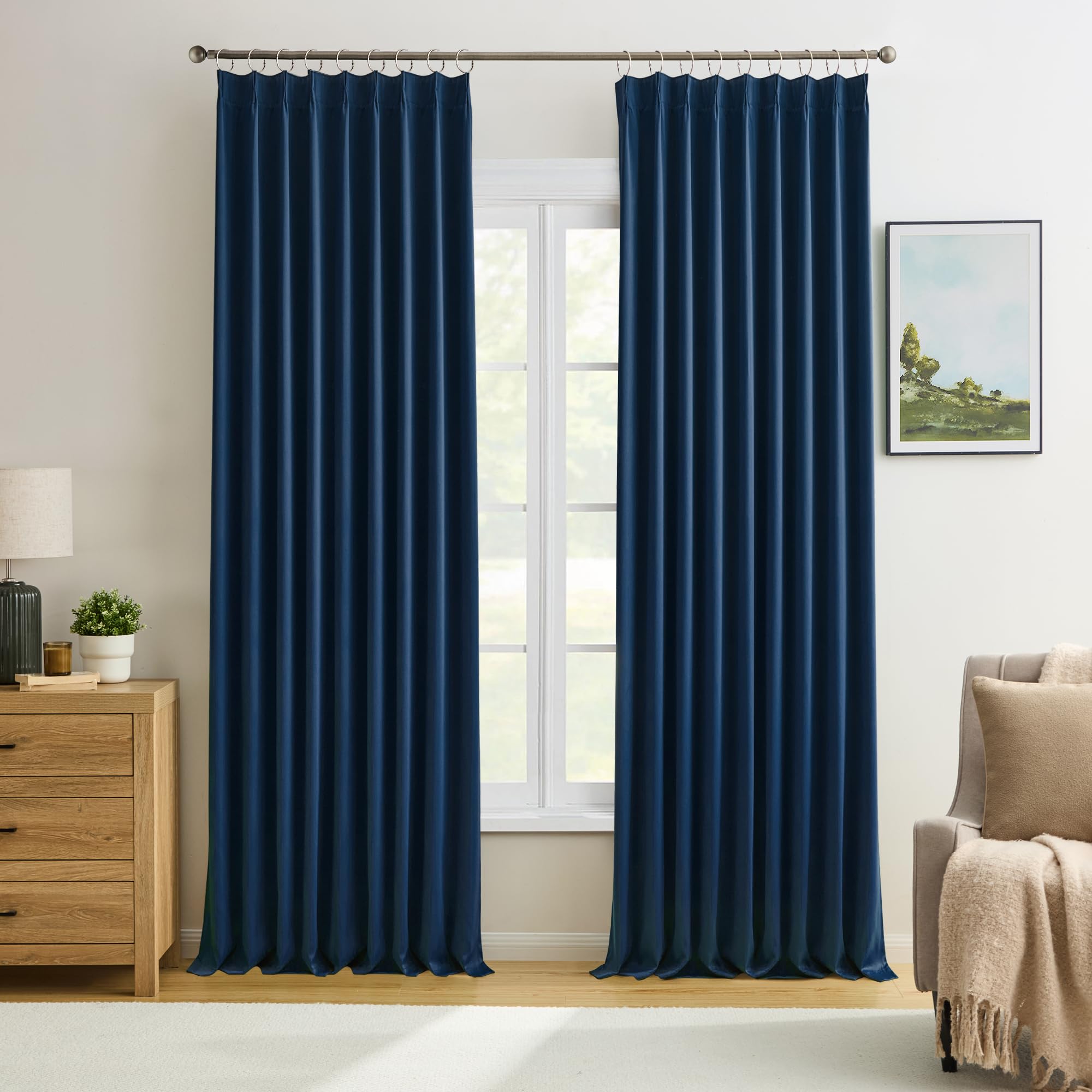Photo 1 of KEQIAOSUOCAI 2 PCs Navy Blue Pleat Wide Drapes for Sliding Glass Door 60 Wide x 90 Inch Long, Privacy Light Block Noise Reduce Insulated Ceiling to Floor for Locker Room Basement Bedroom Closet