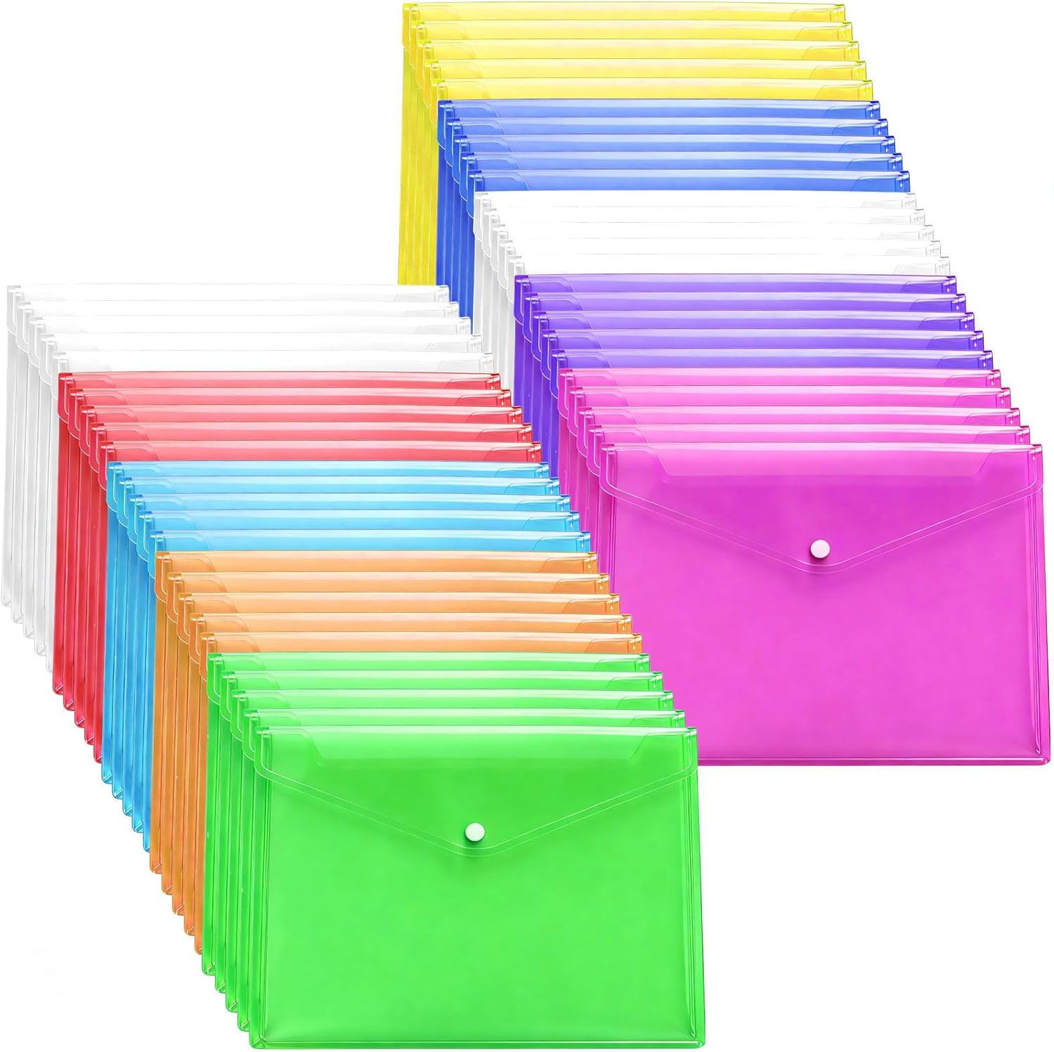 50 pcs Plastic Envelopes,A4 Size Poly Envelopes,Reusable Plastic File Folders with Snap Closure for School and Office Supplies,10 Colors,Each Color of 5
