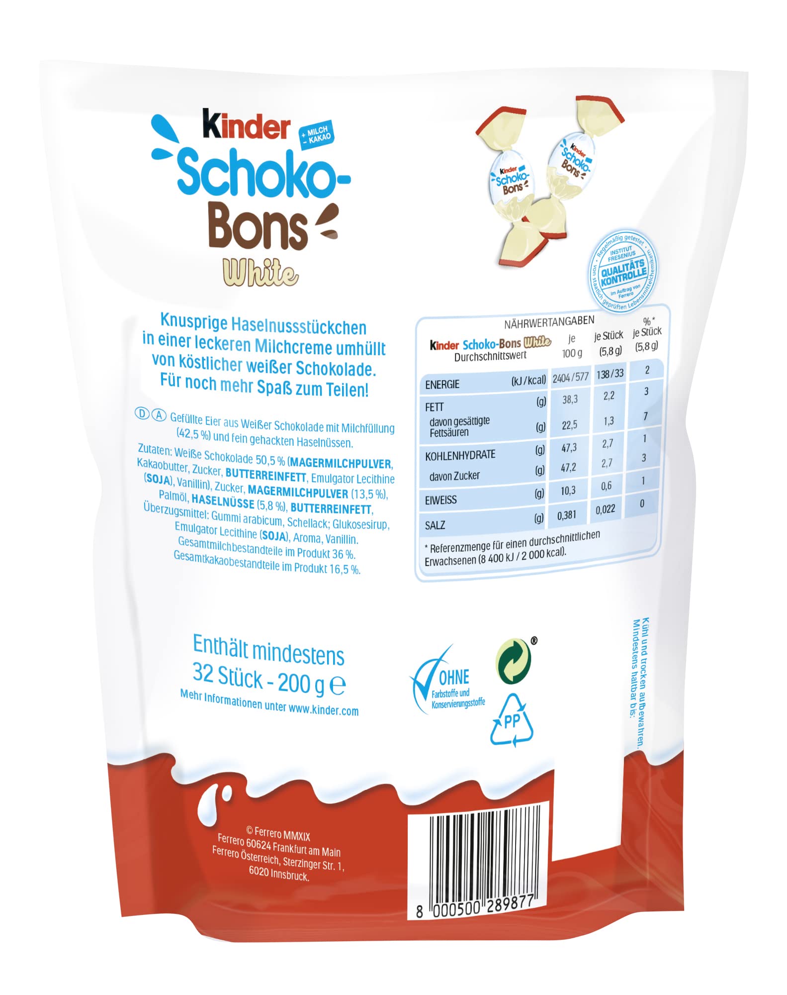 Kinder Schoko-Bons White Czekoladki z Białą Czekoladą i Nadzieniem Mleczno-Orzechowym, 200g