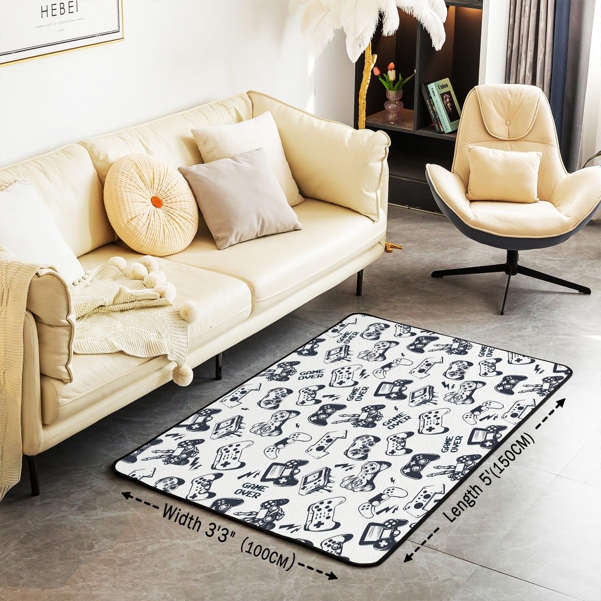 Loussiesd Dywan do salonu dla graczy, 100 x 150 cm, gamingowy dywan akcentujący dla chłopców, dziewcząt, nastolatków, nowoczesny kontroler konsoli do gier, mata podłogowa, joystick, biała wycieraczka,