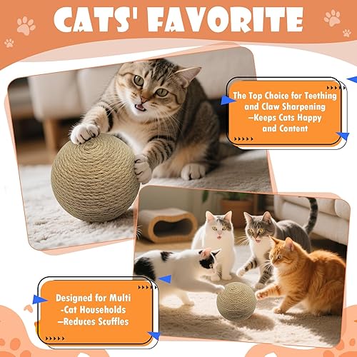 Miniatura 6 de Bola de sisal para gatos, bola rascadora natural interactiva grande de 6.3 pulgadas, rascador perfecto para ejercicio y diversión de gatos en