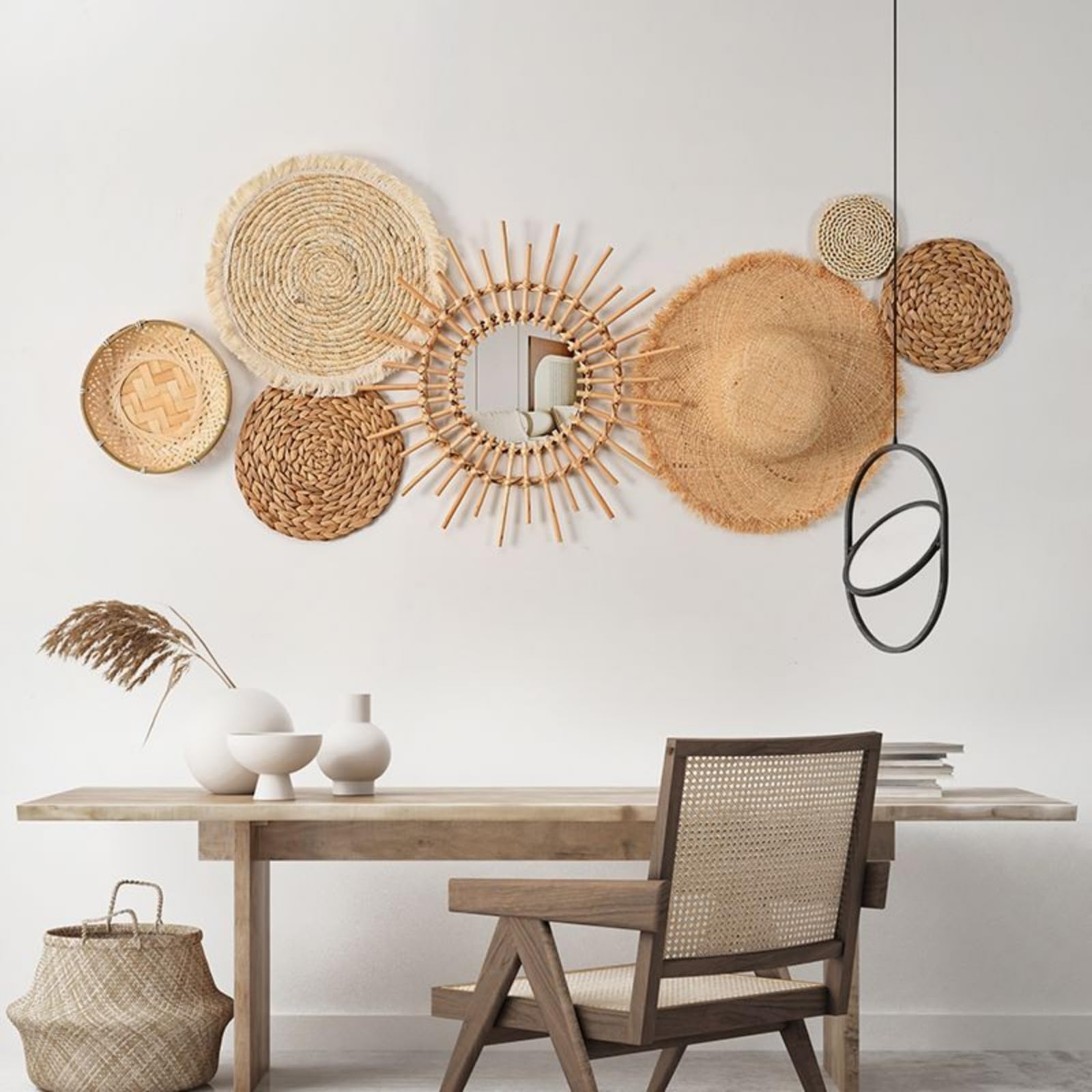 AQCQDQ Wandkorb Dekoration, Boho Dekor, Schlafzimmer Wanddekoration, Hängende Rattan Geflechtkörbe, Rustikale Wandkunst Dekoration (Kombination1-7 teiliges)