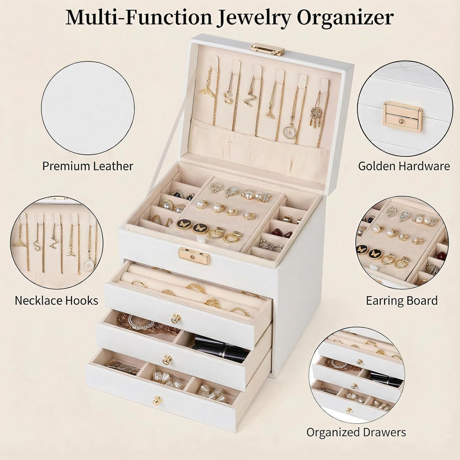Leather Jewelry Box with Lock for Women, 4-Tier 3-Drawer Jewelry Organizer, Large Capacity Vanity Storage Case for Earrings Rings Necklaces, Gift for Her (White) - Image 3