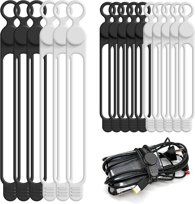Nearockle 16Pcs 4.2" Silicone Cable Ties Cord Organizer for Cable Management, Reusable Cable Organizer Electronic Accessories in Home,Office,Kitchen,School,Travel(Black*8 & White*8)