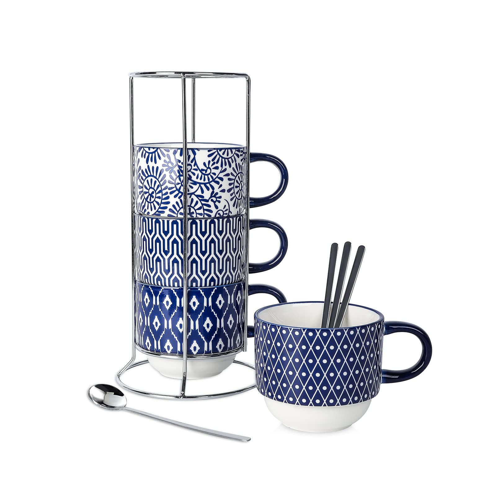 Selamica Ceramic Coffee Mugs Set, 14 Oz Stackable Large Porcelain Cappuccino Cups with Spoons and Stand Rack Perfect for Latte Mocha Espresso Tea, Set of 4, Vintage Blue