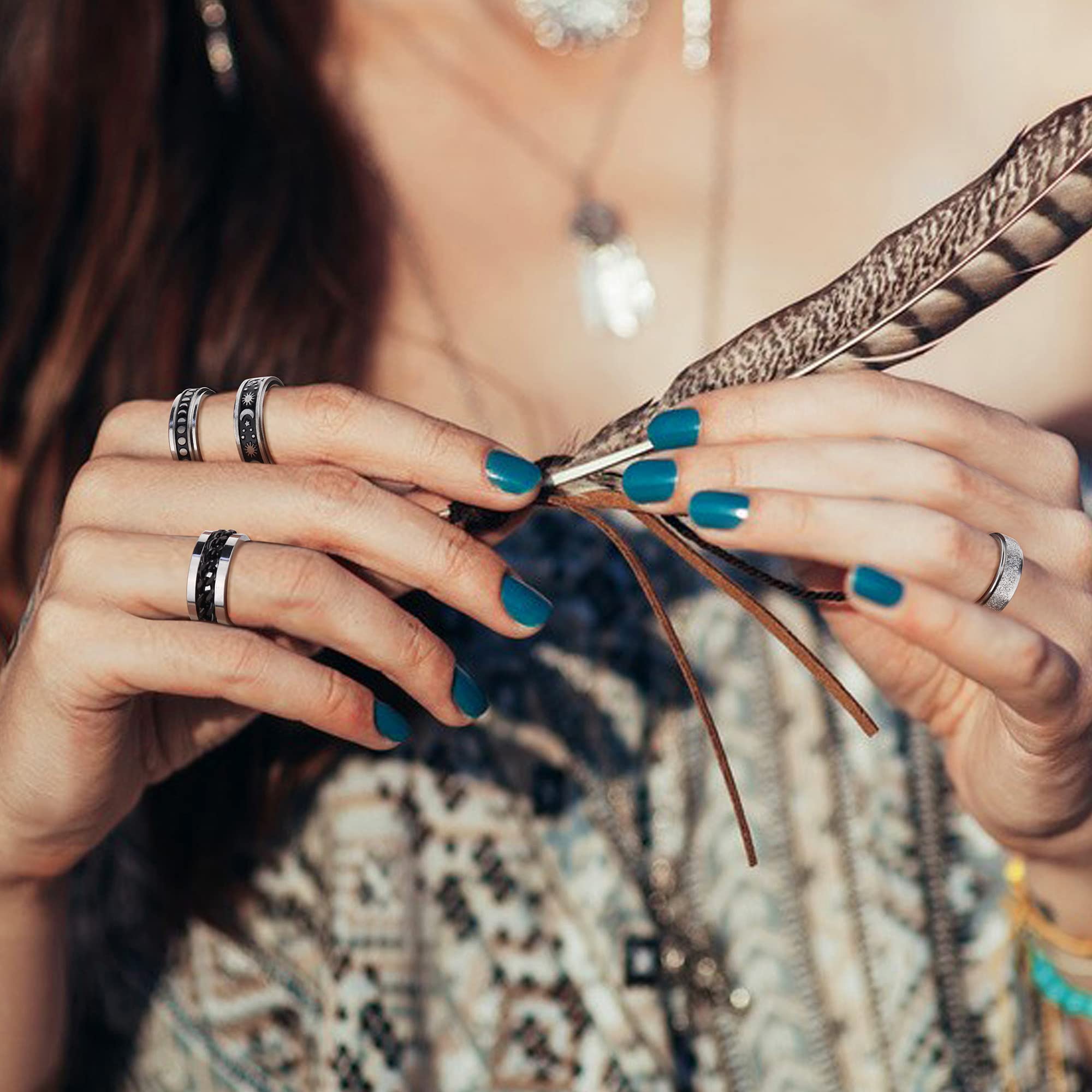 Jstyle Anelli Fidget per ansia, 9 pezzi, in acciaio inossidabile, anti-ansia, anelli con perline, luna e stella, triplo intreccio, fiori rotanti, set di anelli per alleviare lo stress, per donne e