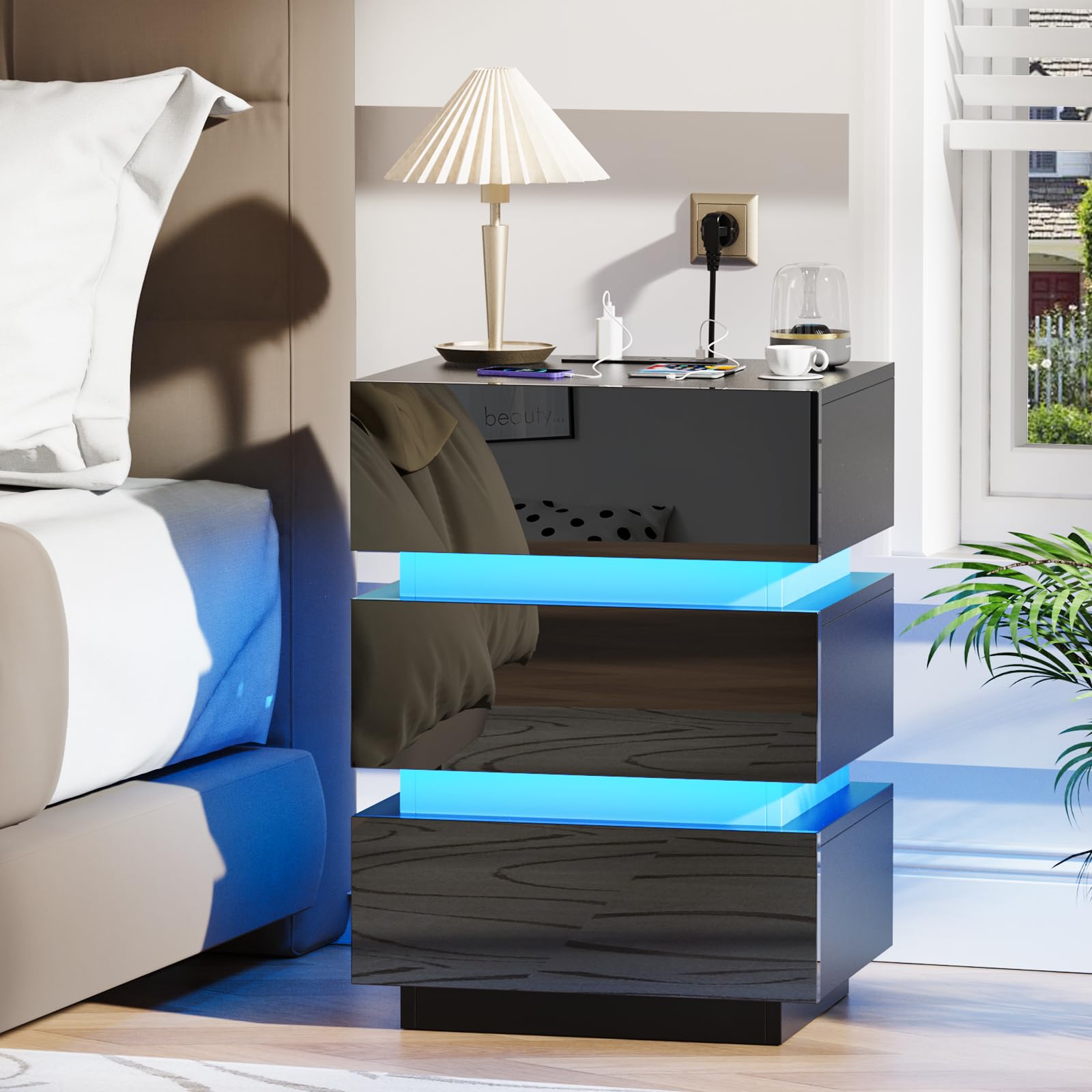 Bedside Table Set of 2 with Charging Station 2AC + 2USB,35x45x62cm,Wooden RGB LED Bedside Cabinet Nightstand with 3 High Glossy Drawers and Open Top for Bedroom Living Room (JPDC0054B, Set of 2)