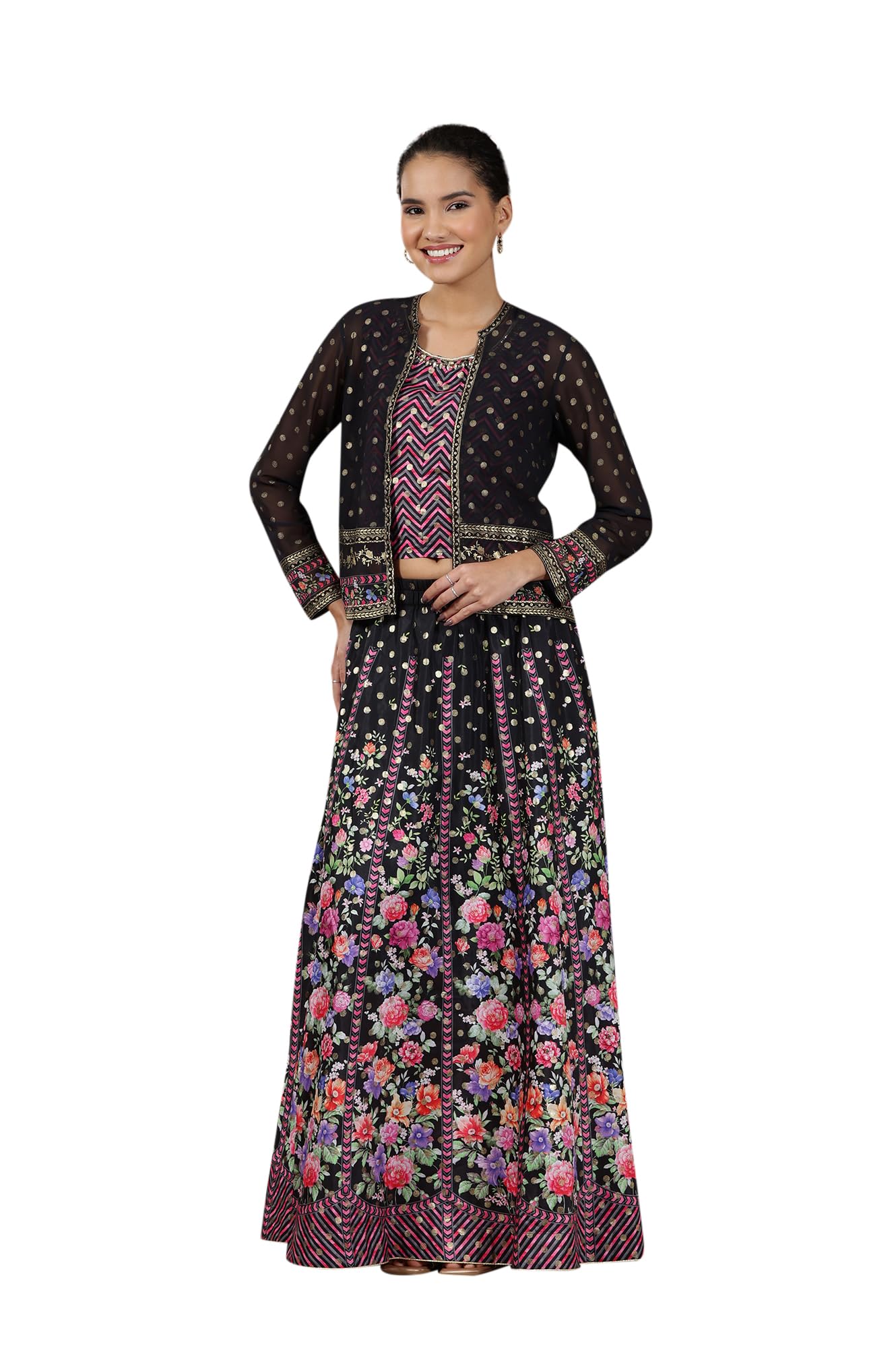 Aurelia Women's Pink Geometric Printed Sleeveless Top, Black Sheer Jacket and Flared Skirt Set in black