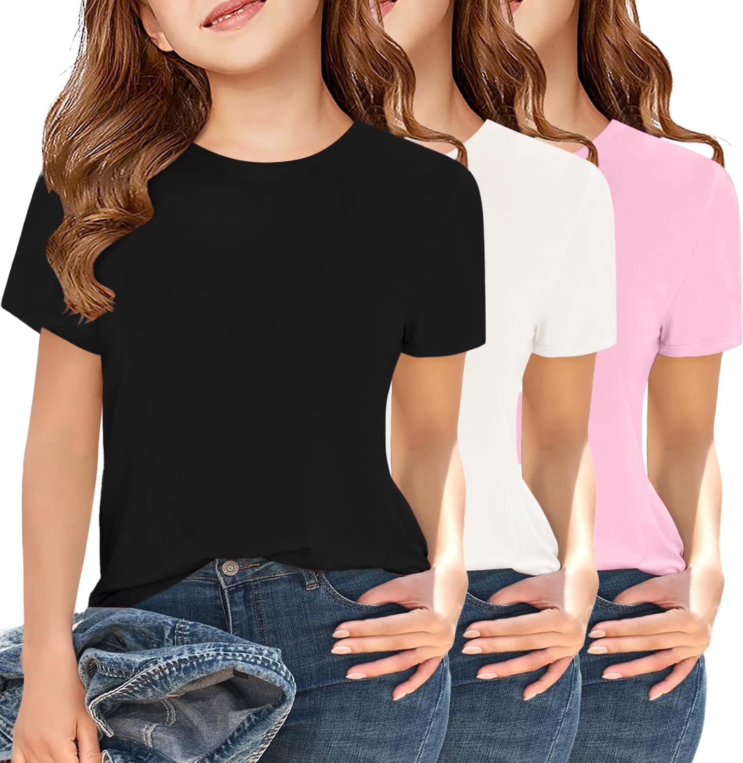 Girls Short Sleeve T Shirts Crew Neck Summer Tops Basic Tees 5-14 Year