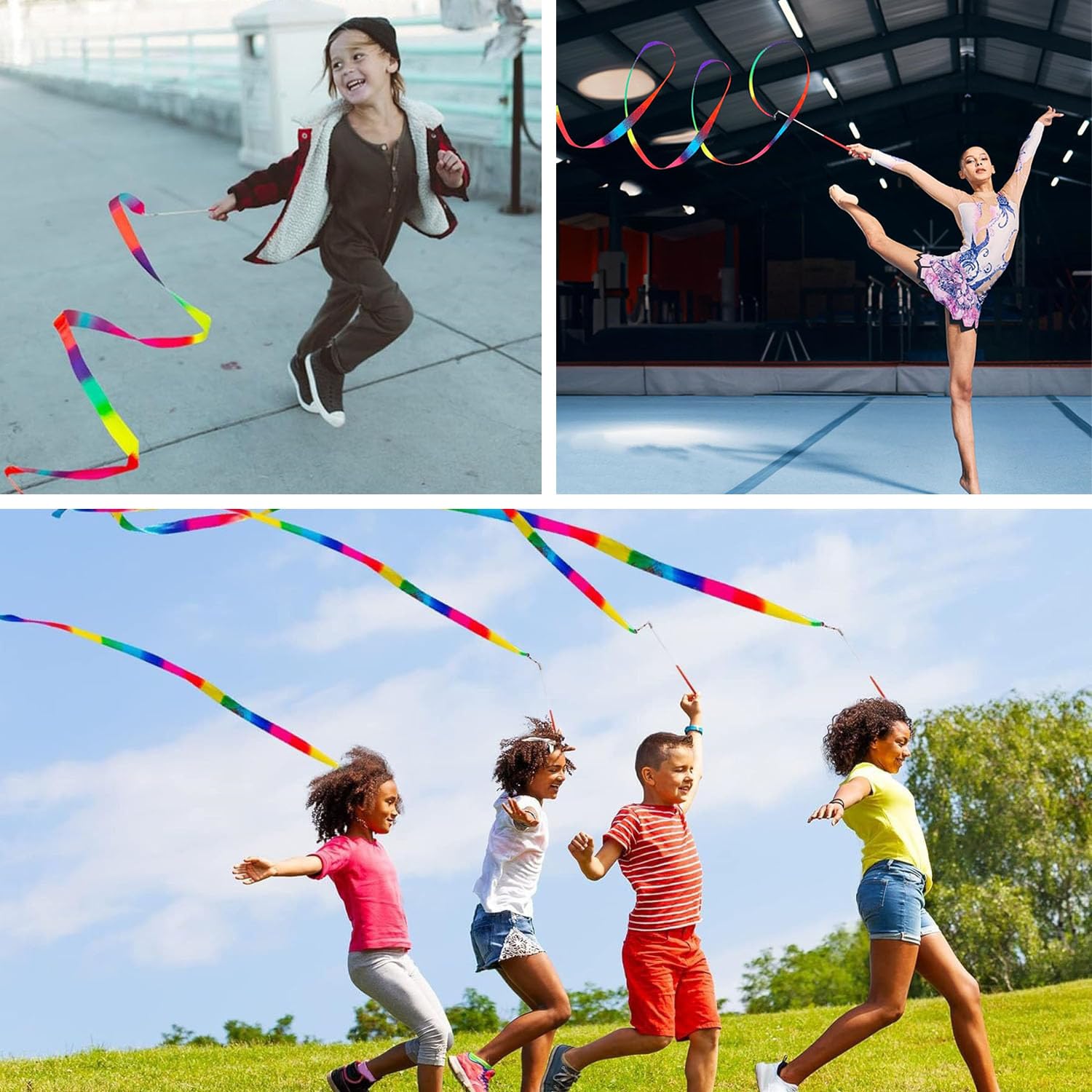 Rubans De Danse Arc-en-ciel Enfants - Lot De 2 - 2m Avec Bâton - Spectacle Et Gymnastique - Couleurs Vives