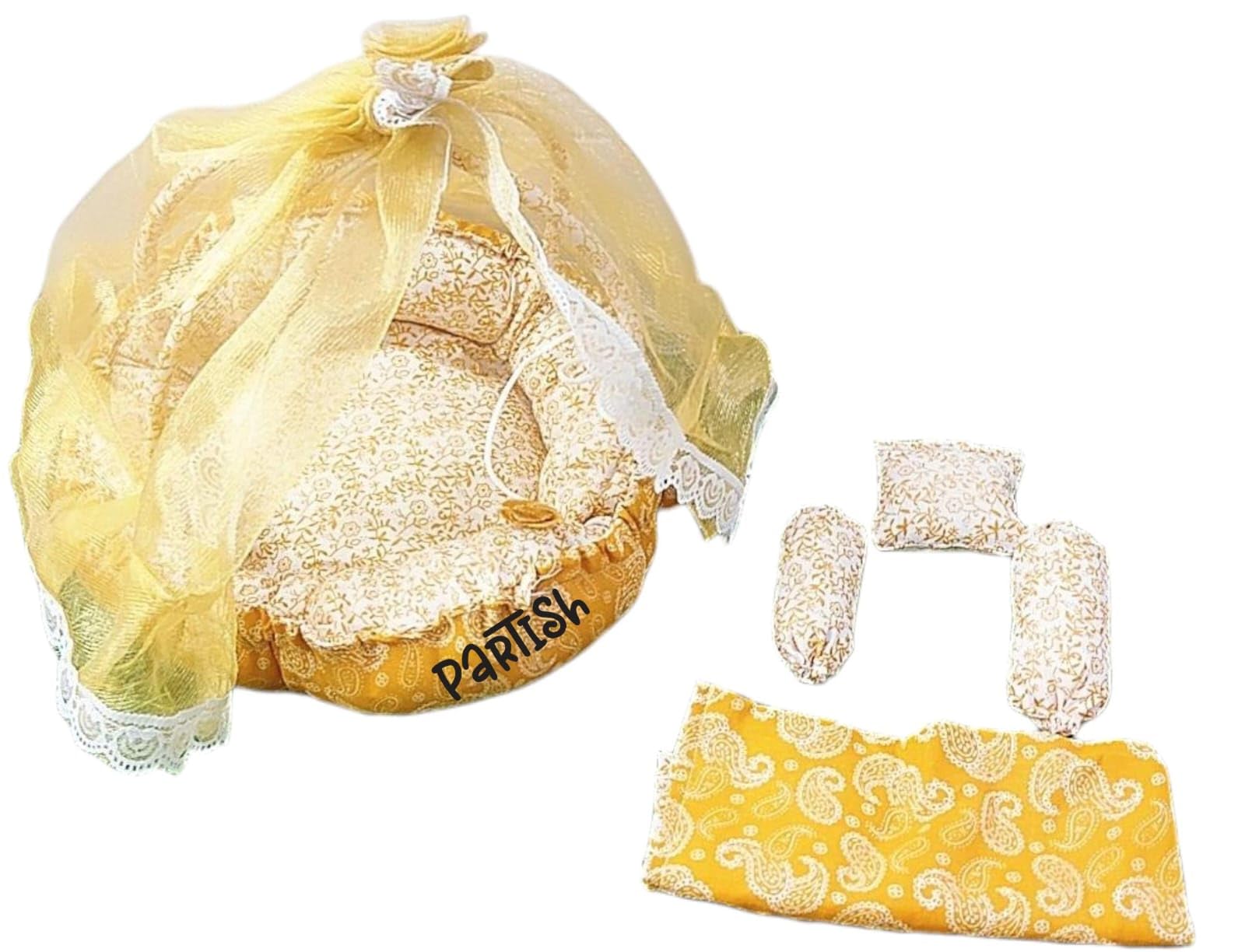 PARTISH Laddu Gopal Premium Mosquito Net Cotton Bed for Size 4,5 & 6| Ladoo Gopal Machardani | Kanha Ji Bedding Set| Thakur Ji | Krishna Ji Bistar with 2 Booster, 1 Pillow & 1 Top Sheet (Yellow) 2