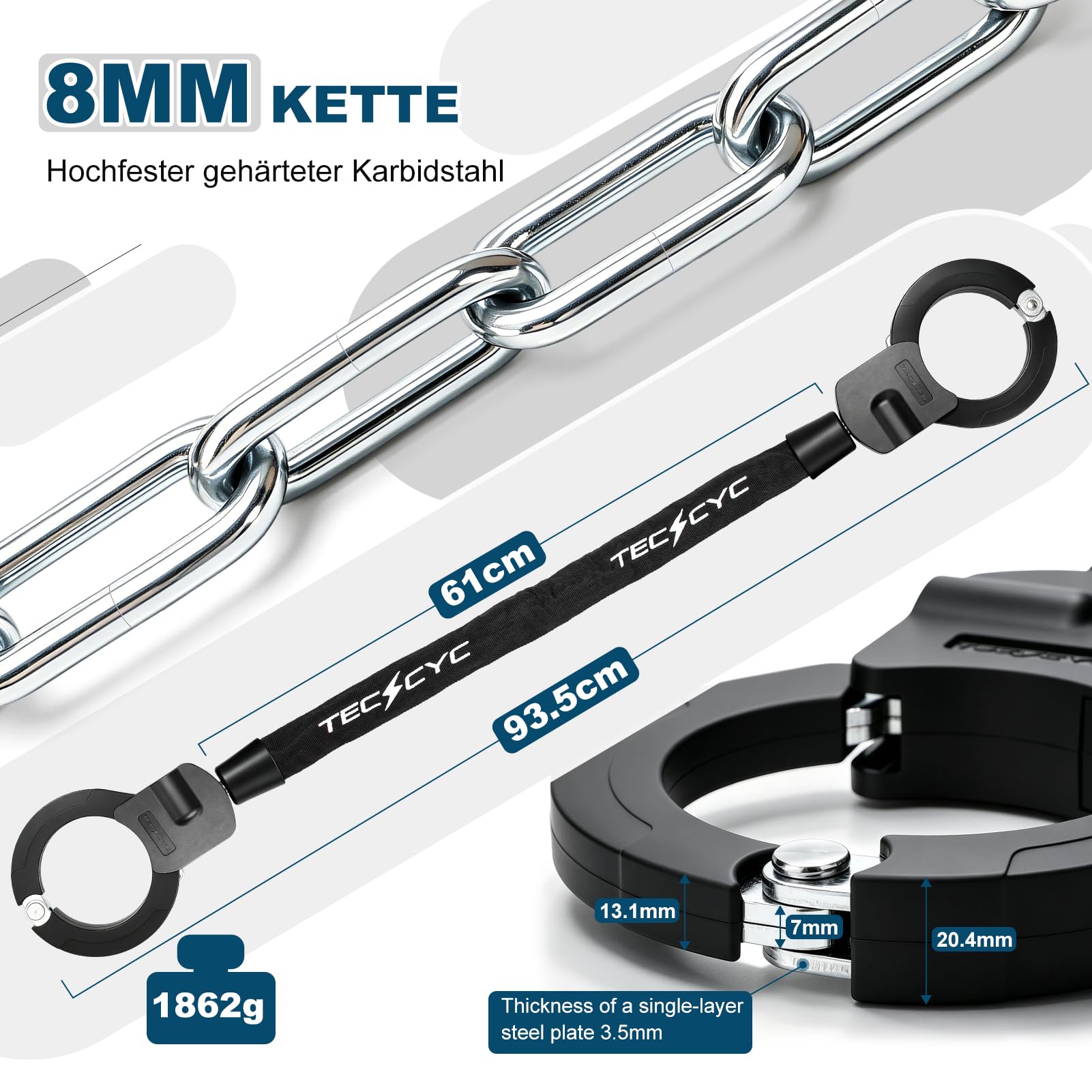 TECHCYC E-Scooter Schloss 8mm | Handschellenschloss 3 Stufen Verstellbare | Gehärteter Stahl | gegen Bolzenschneider | mit 2 Schlüsseln | für E-Scooter, Fahrrad & E-Bike