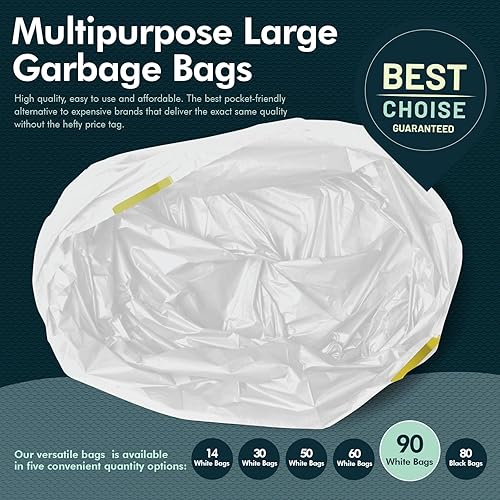 Miniatura 5 de PAMI Bolsas de basura altas con cordón para cocina de 13 galones paquete de 90 unidades, blancas  Bolsas de basura de plástico extrafuertes  Forros