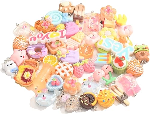 Juego de 50 piezas de dijes de limo de resina, varios caramelos, resina, parte trasera plana, suministros para hacer manualidades y decoración para