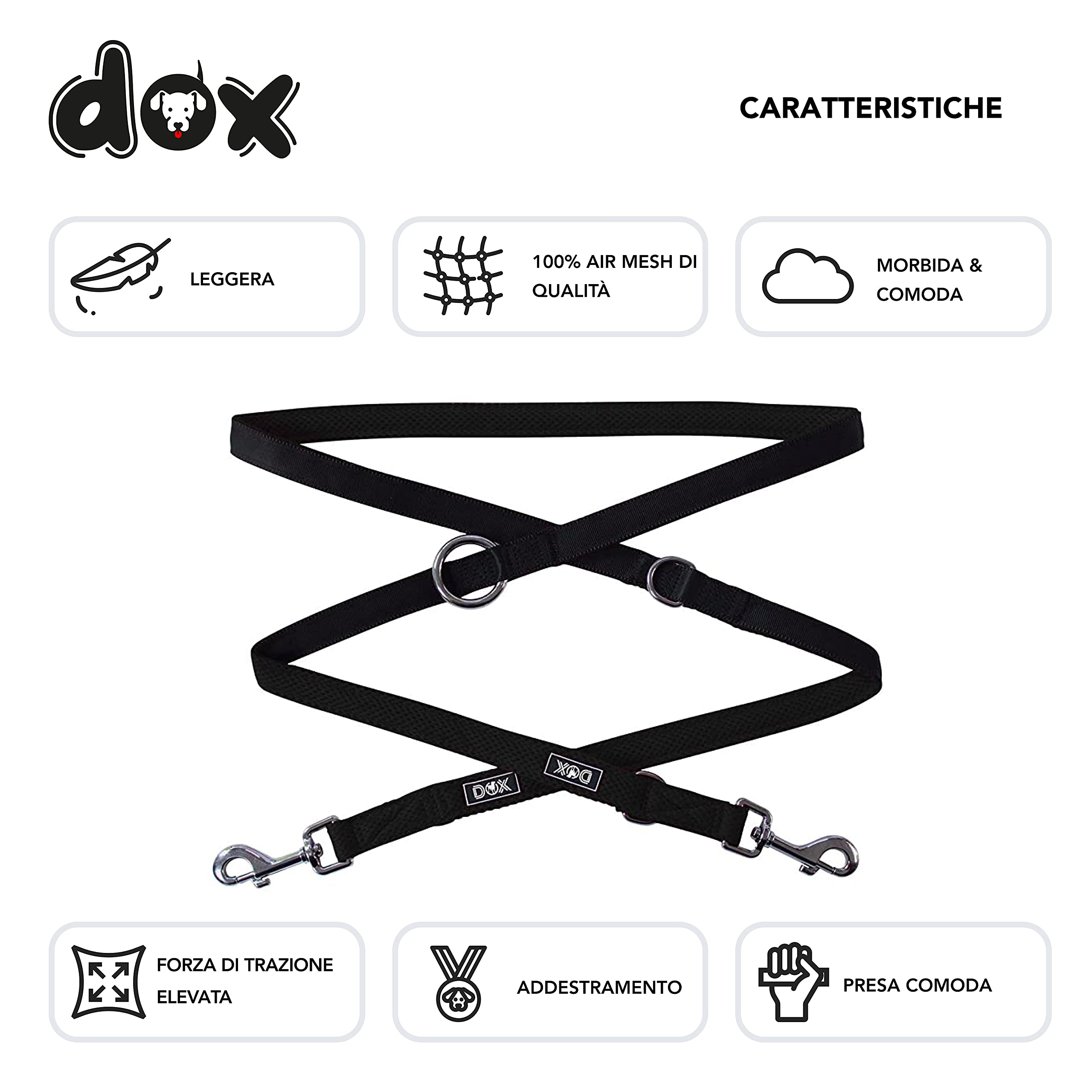 DDOXX Guinzaglio per Cani Air Mesh, Regolabile con 3 Misure, 2m | Tanti Colori e Taglie | Guinzaglio Doppio Cane Gatto Cucciolo Taglia Piccola Media Grande Piccoli Medi Grand | Nero, M