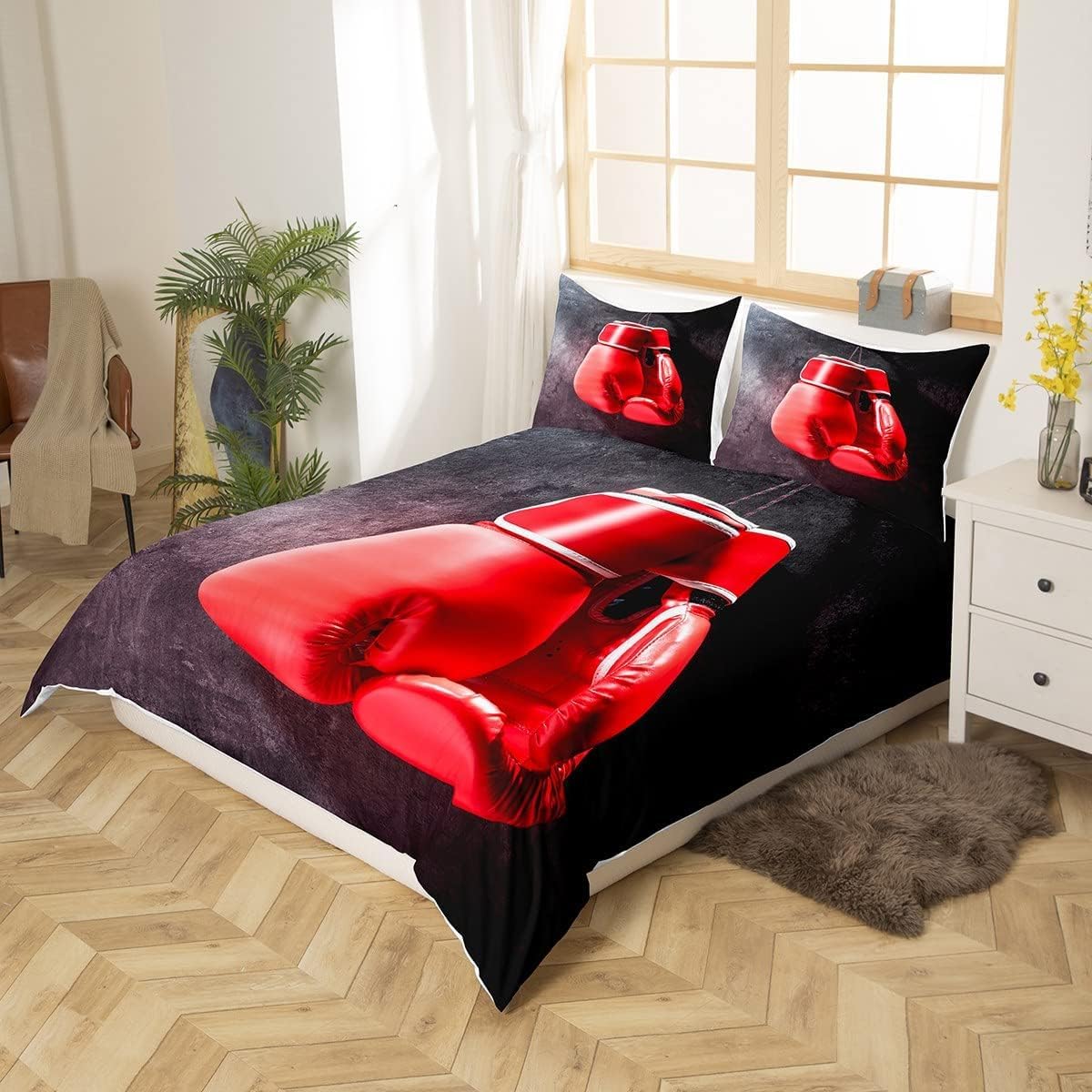 Funda Nordica de 3 Piezas para Cama 180 Guantes de Boxeo Rojos Funda Edredon 240x260 cm Boxeo Ropa de Cama de Microfibra Transpirable con Cremallera y 2 Fundas de Almohada 50x75 cm B-7350