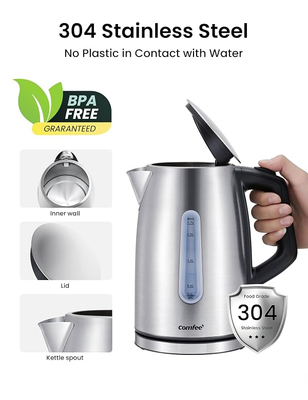 COMFEE' Stainless Steel Electric Kettle, Temperature Control with 6 Presets, 1-Hr Keep Warm, Kettle Water Boiler 1.7 Litres, 1500W with Viewing Window, Auto-Off and Boil-Dry Protection by COMFEE' - Used condition - Image 4