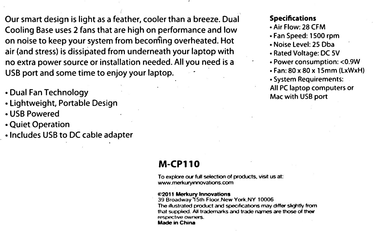 Angled view of the Merkury Innovations M-CP110 Laptop Cooling Base, showcasing its profile and fan placement.