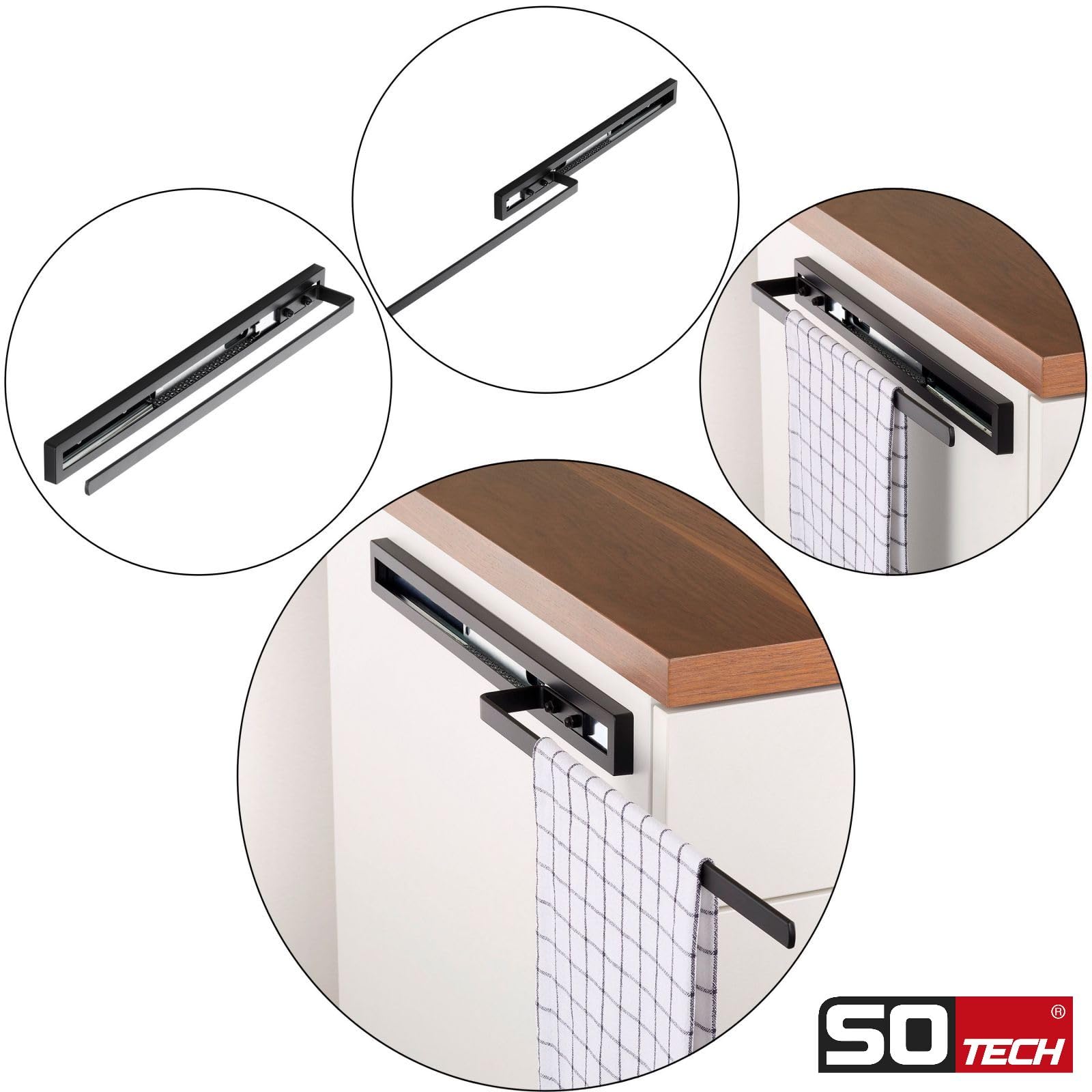 SOTECH Toallero extraíble Style de 1 Brazo Negro 415 mm de extensión 300 mm Toallero para Montaje Lateral y bajo Lavabo en baño y Cocina