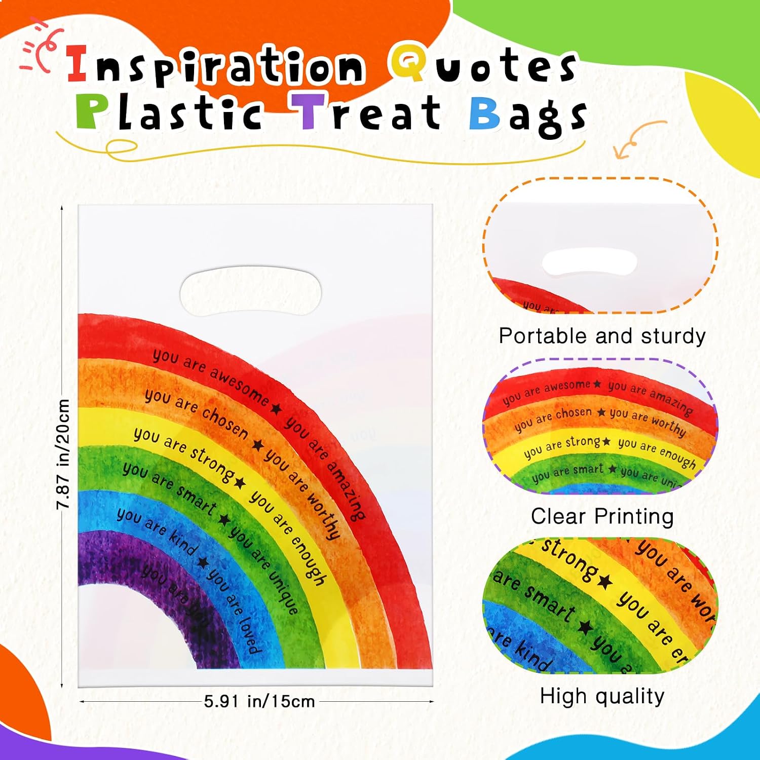 Coume 50 Pcs Rainbow Gift Bags with Handles Plastic Goodie Bags, 6 x 8 Inch image 2