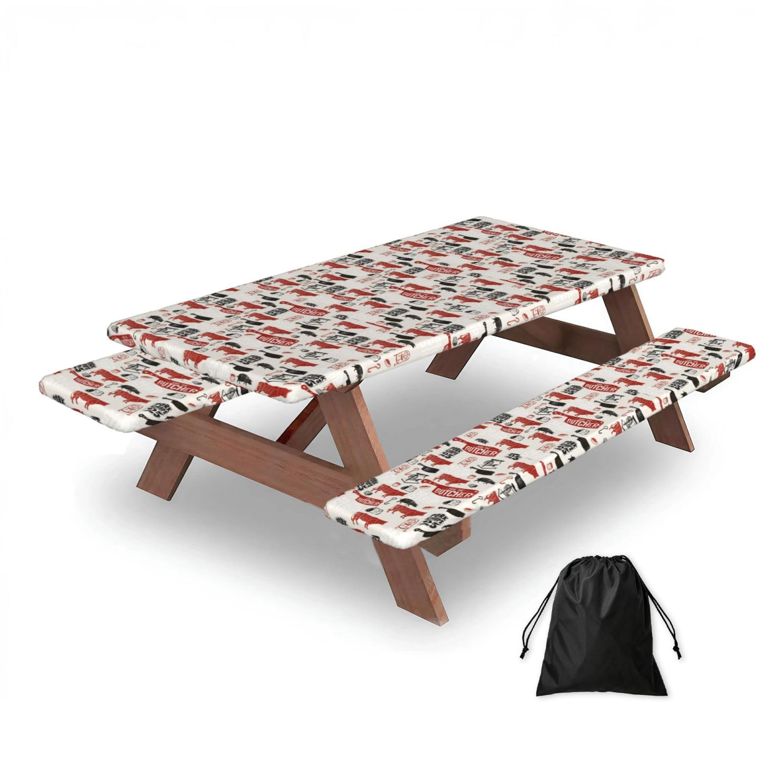 Dopklna As Picture Meat Butcher Pattern, Picnic Table Cover With Bench Covers -Waterproof Elastic Fitted Tablecloth For Garden Camping Patio 76X152cm