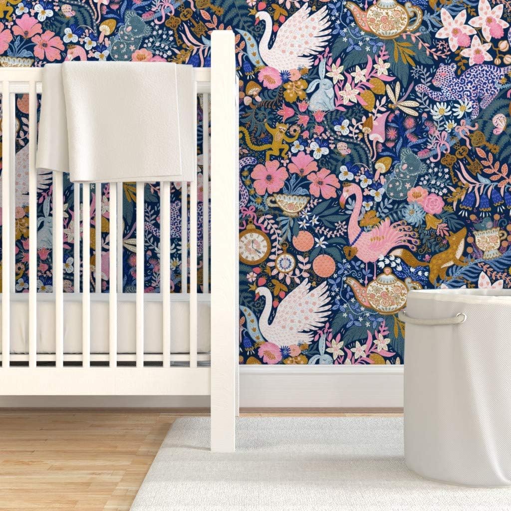 Peel & Stick Wallpaper Swatch - maximalist,Tea Party,Whimsical Chintz,Pink Purple Mustard,Swans and Flamingos Custom Removable Wallpaper by Spoonflower