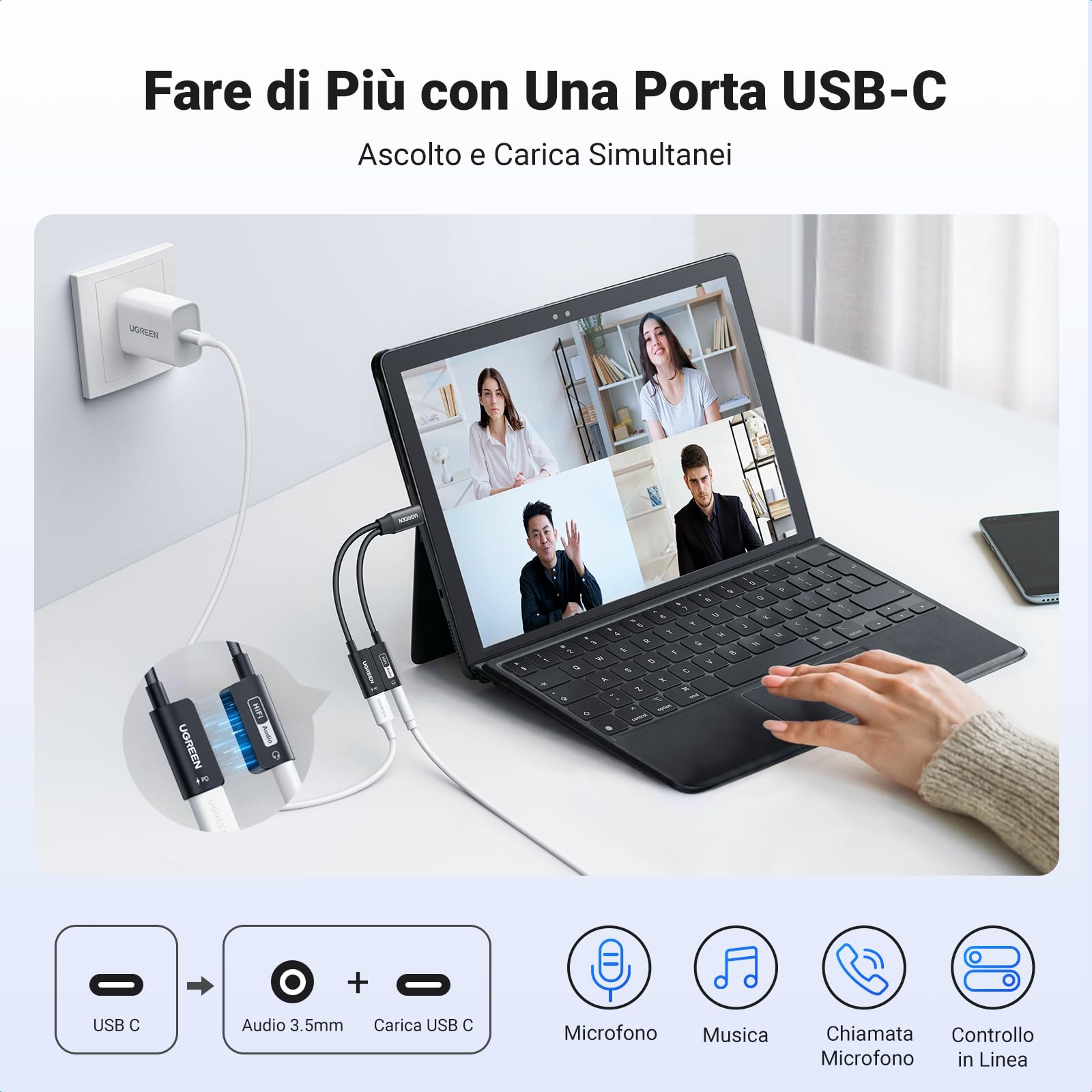 UGREEN Adattatore per Cuffie USB C a Jack 3.5mm PD 60W Magnetico 2 in 1 Hi-Res 32 Bit/384 KHz Tipo C Microfono Aux Splitter per Cuffie Compatibile con iPhone 16 15 Plus Pro Max Galaxy S24 Pixel 8