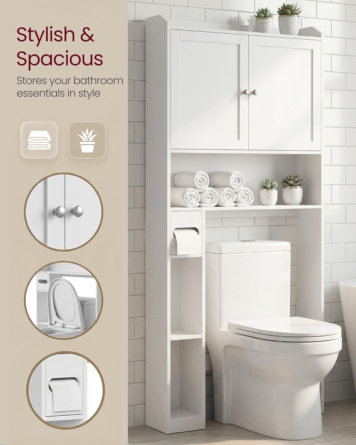 VASAGLE Over the Toilet Storage Shelf, Bathroom Storage Cabinet, Adjustable Shelves, Toilet Paper Holder, Space-Saving, Modern, 7.9 x 31.1 x 66.9 Inches, Cloud White UBTS018WH01S