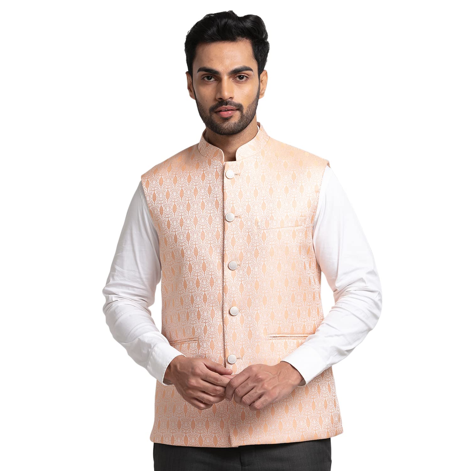 Men's Contemporary Fit Terry Rayon Blend Jacquard Pattern Sleeveless Light Orange Ceremonial Waistcoat