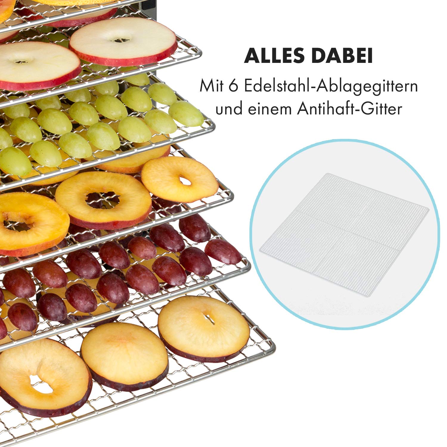 Klarstein Flavour Dry Dörrautomat Mit Edelstahl-Gehäuse, 6 Ablagegitter, LCD-Touch-Display, Timer, 360° Airflow Circulation, Digitaler Thermostat, 35-75 C°