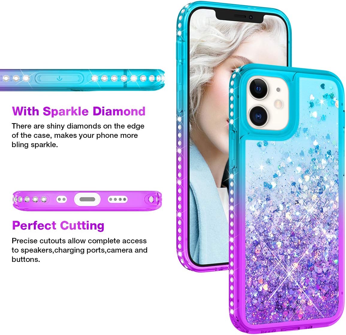 Maxdara Glitter Case for iPhone 12 iPhone 12 Pro Case with Bling Sparkle Diamond Rhinestone Girls Women Quicksand Soft TPU Gradient Phone Case for iPhone 12/12 Pro 6.1 inches,Teal Purple