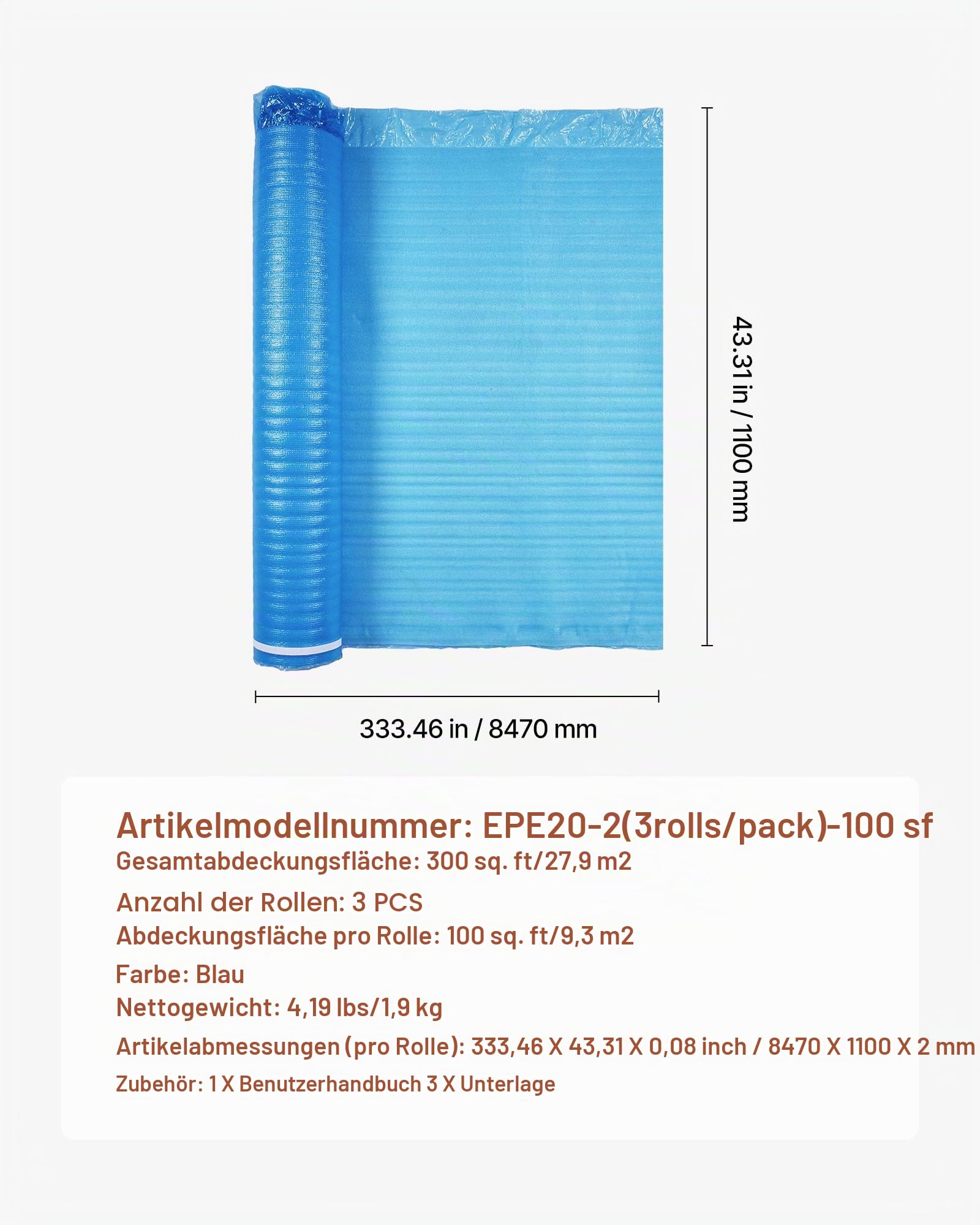 VEVOR 3x Trittschalldämmung, 27,9 m², 3-in-1 3 mm dicke Dämmungunterlage mit Klebeband & Dampfsperre, EPE-Schaum mit blauem PE, Schalldämmung & Geräuschreduzierung, für Laminat-Holzböden