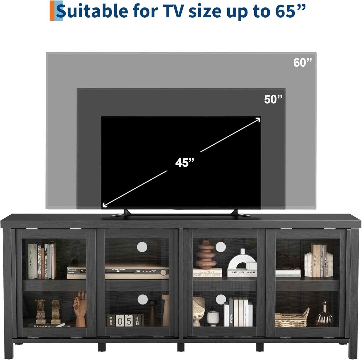 GAOMON TV Stand for 65" with Entertainment Center, Storage Cabinet, 4 Sliding Glass Doors, Mid Century Modern Media TV Console Table for Living Room Bedroom, Black