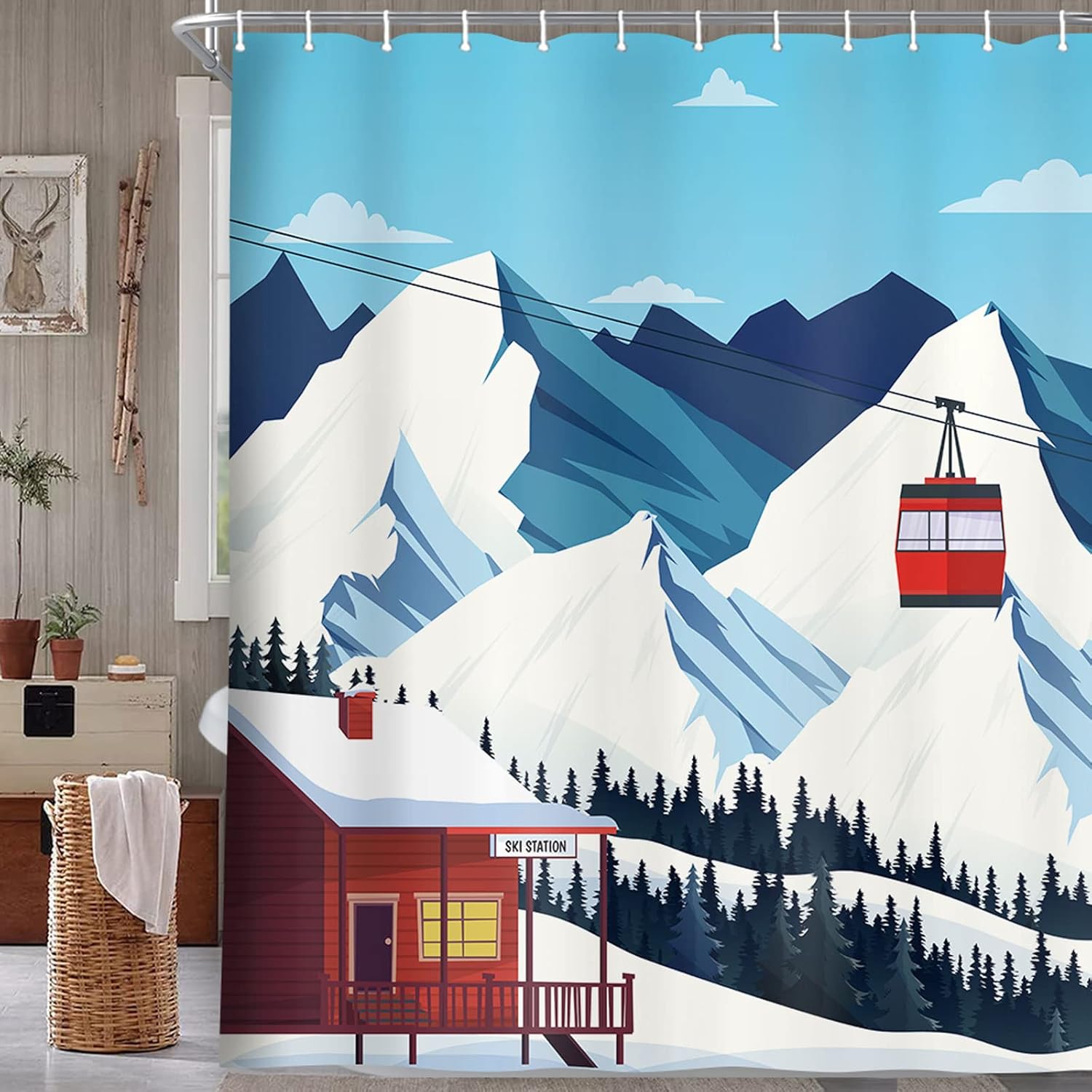 JAWO Blue Winter Shower Curtain for Bathroom, Christmas Ski