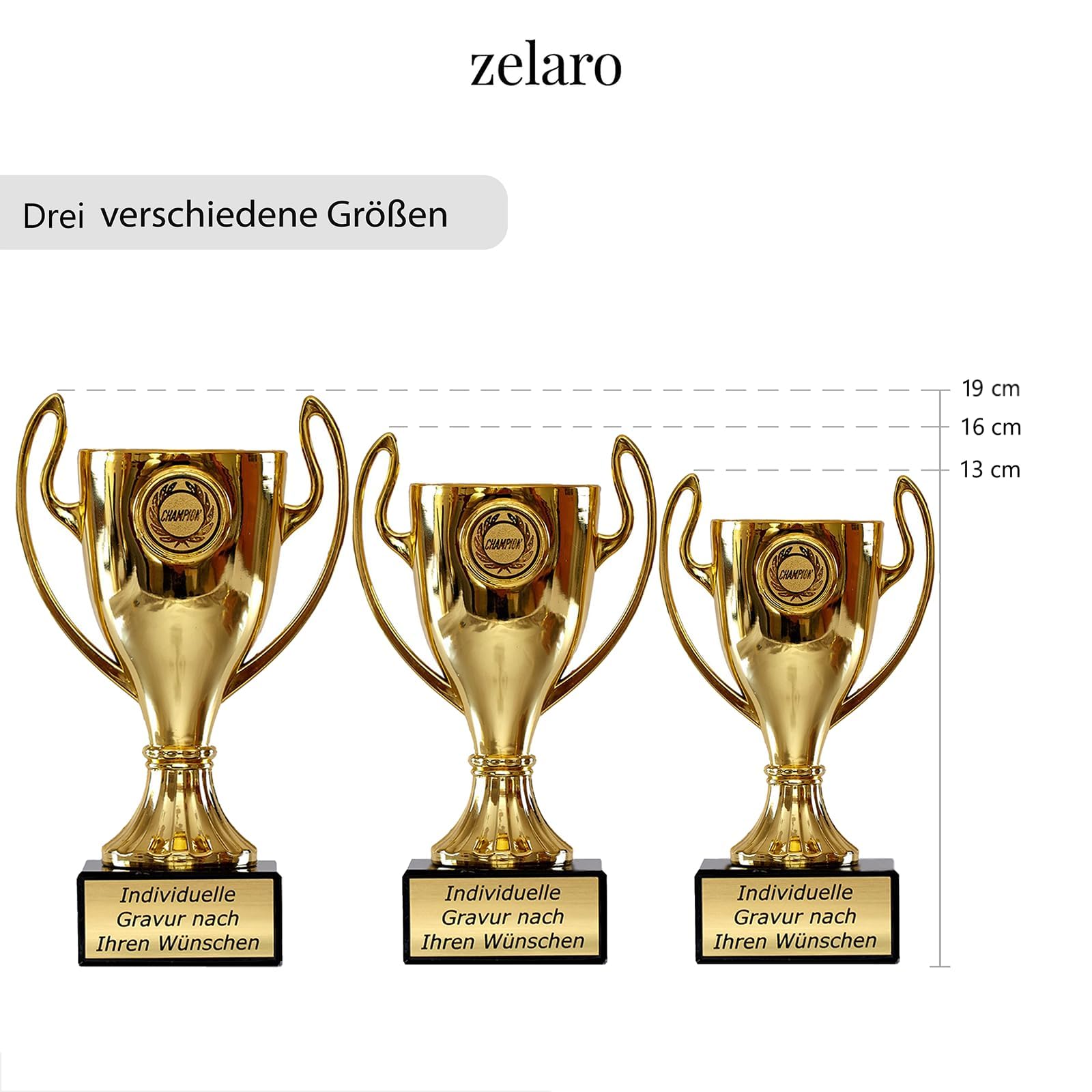 Henkelpokal in Gold | Pokal mit Gravur Wunschtext – Trophäe in 5 Größen | Pokal Fußball | Fussball Pokal Kinder - XX cm inkl. Marmorsockel