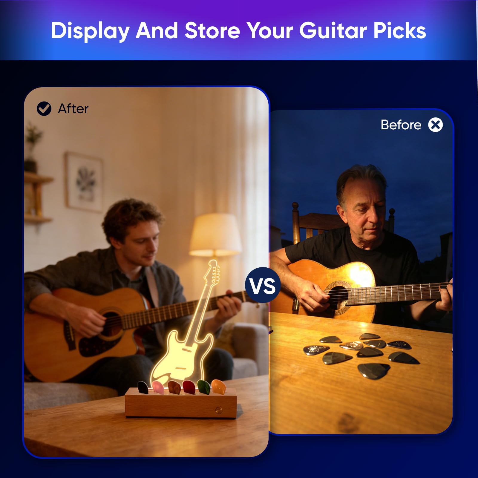 Soporte para púas de guitarra iluminado: vitrina recargable con contorno táctil ligero – Caja de almacenamiento para púas de guitarra con 6 púas de guitarra, accesorios de guitarra para bajo ukelele