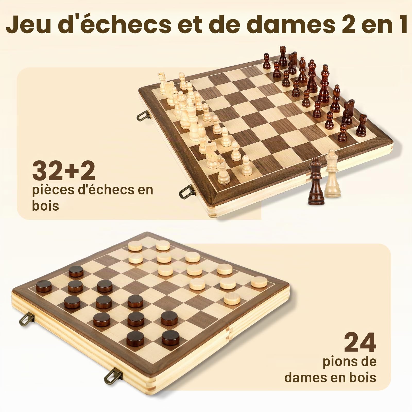 LEAP Jeu d'échecs magnétique en bois pliable de 39,4 cm, pièces d'échecs de 7,6 cm, fentes de rangement magnétiques supérieures pour débutants, adultes avec 2 grands grands lits supplémentaires