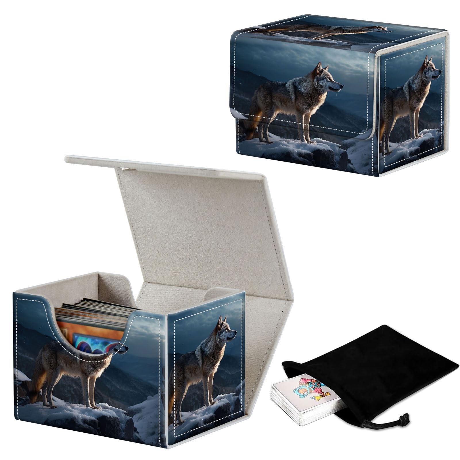 GYSYZJDH Stylish MTG Deck Box for 110+ Cards, Magnetic Commander Deck Case with Bonus Game Card Pouch, Durable Storage for TCG and Sleeved Magic Cards, Lone Wolf Standing