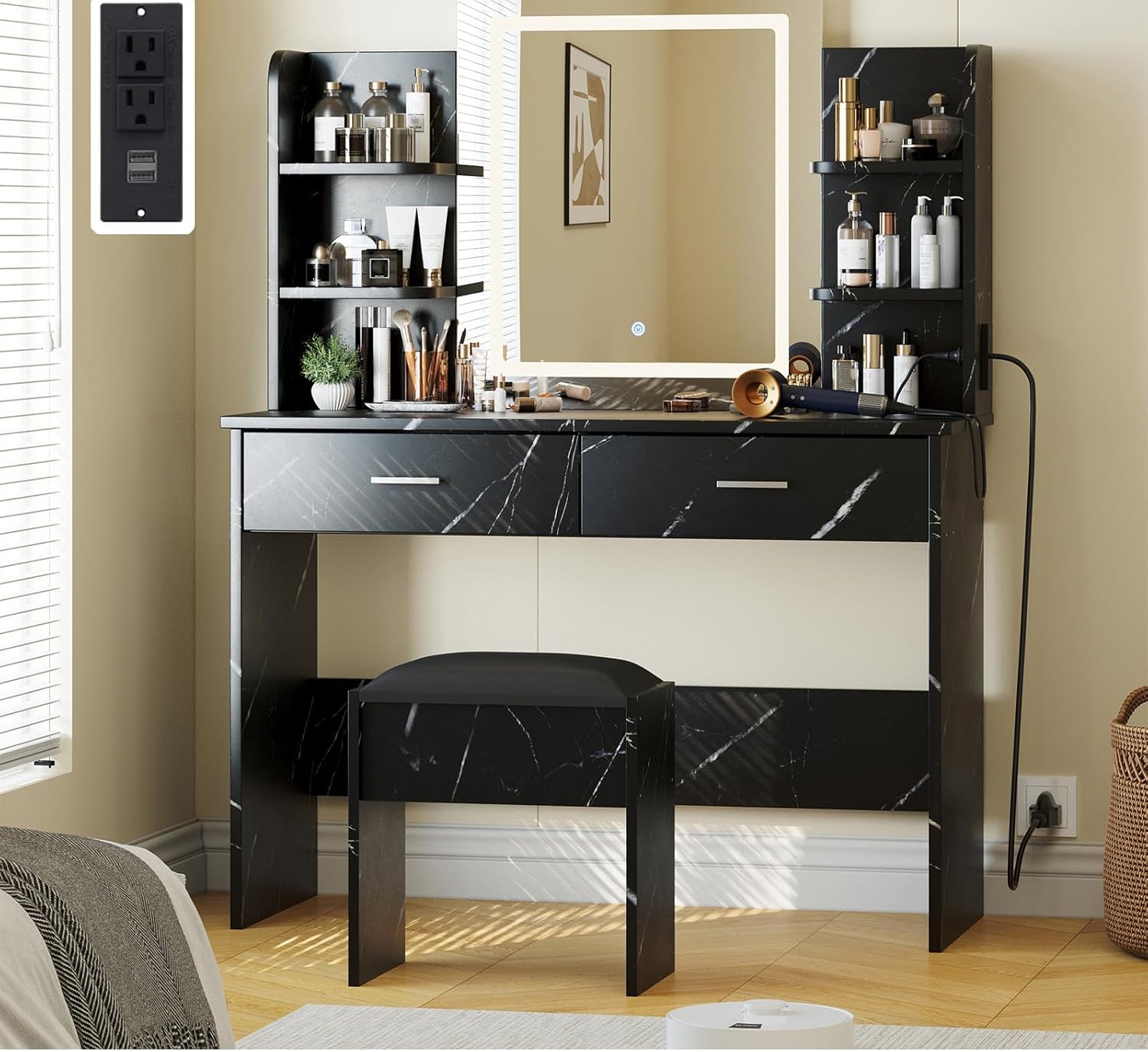 Vanity Desk with Mirror and Lights, Makeup Vanity Set w/Desk and Stool, Power Outlet, Makeup Vanity Desk with 6 Storage Shelves, 2 Large Drawers and 3 Color Adjustable Brightness, Marble Black